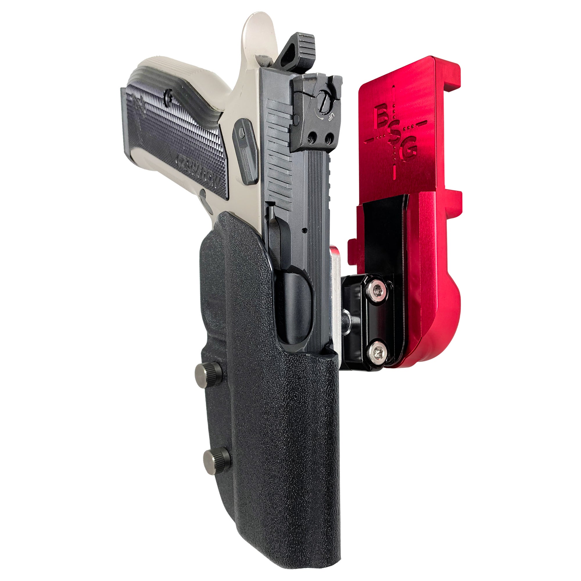 CZ S2 Nitro Fin IPSC/USPA Quick Mount Ball Joint Holster with Red Belt Attachment, Black Holster Shell
