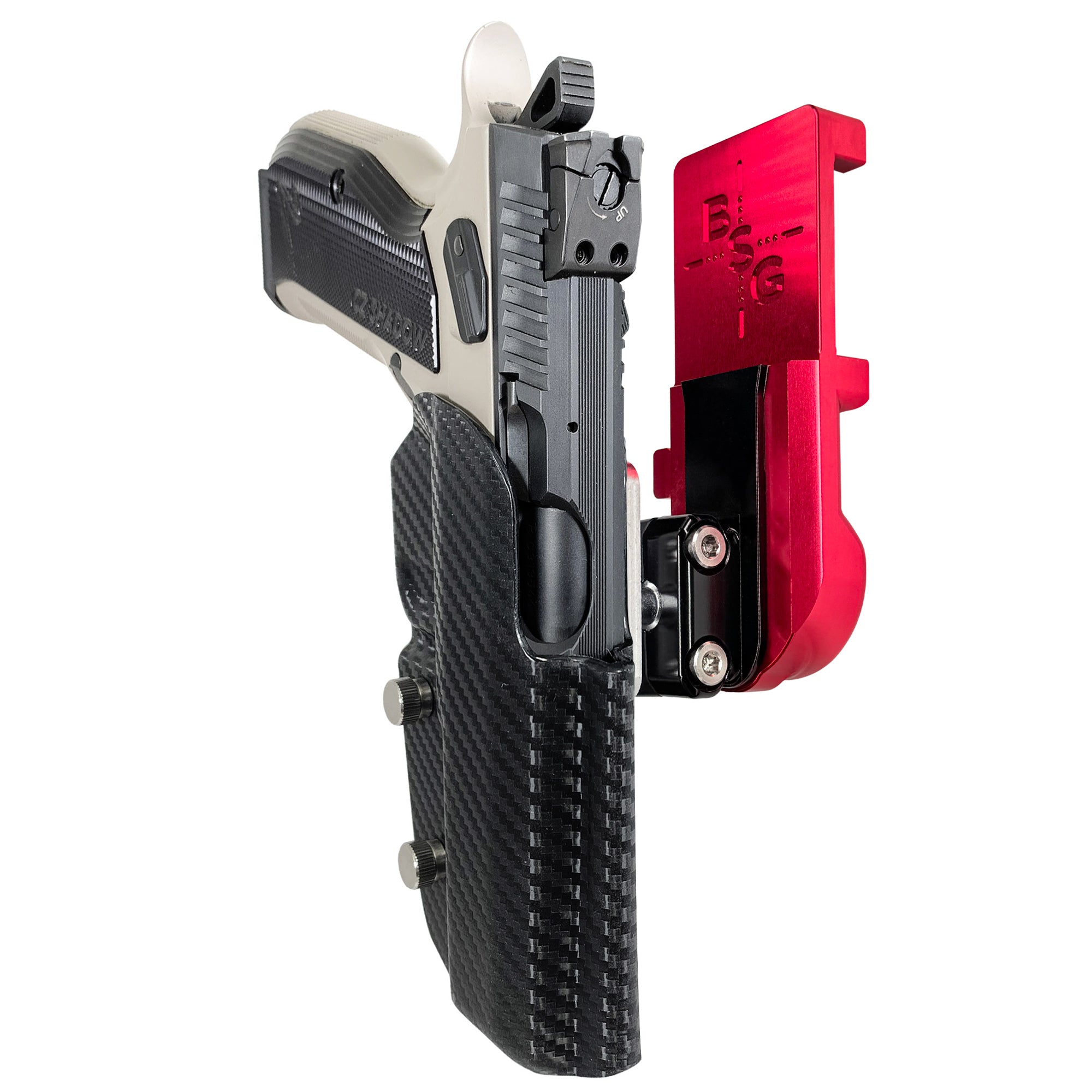 CZ S2 Nitro Fin IPSC/USPA Quick Mount Ball Joint Holster with Red Belt Attachment, Carbon Fiber Holster Shell