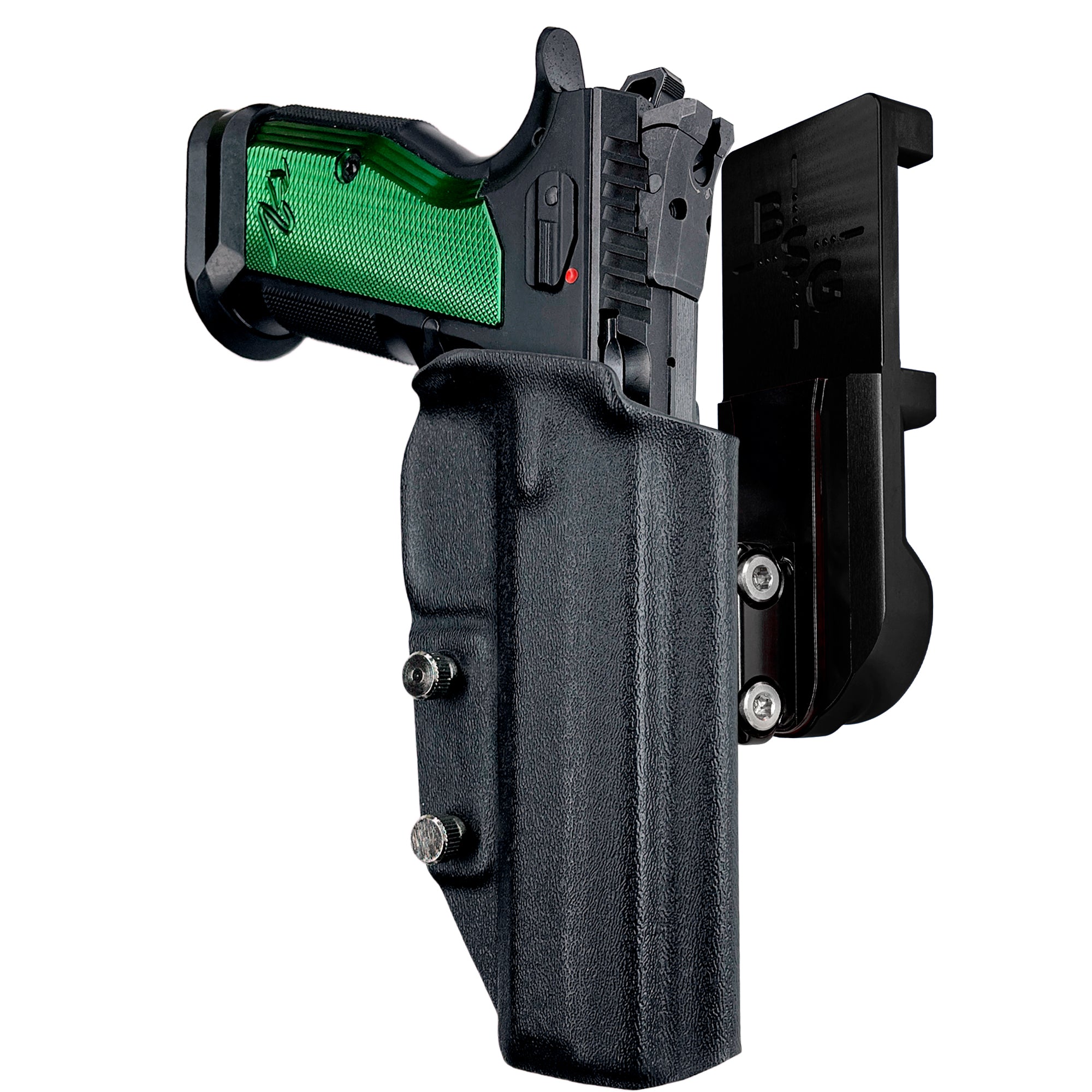 CZ TS2 Racing Green IPSC/USPA Quick Mount Ball Joint Holster with Black Belt Attachment, Black Holster Shell