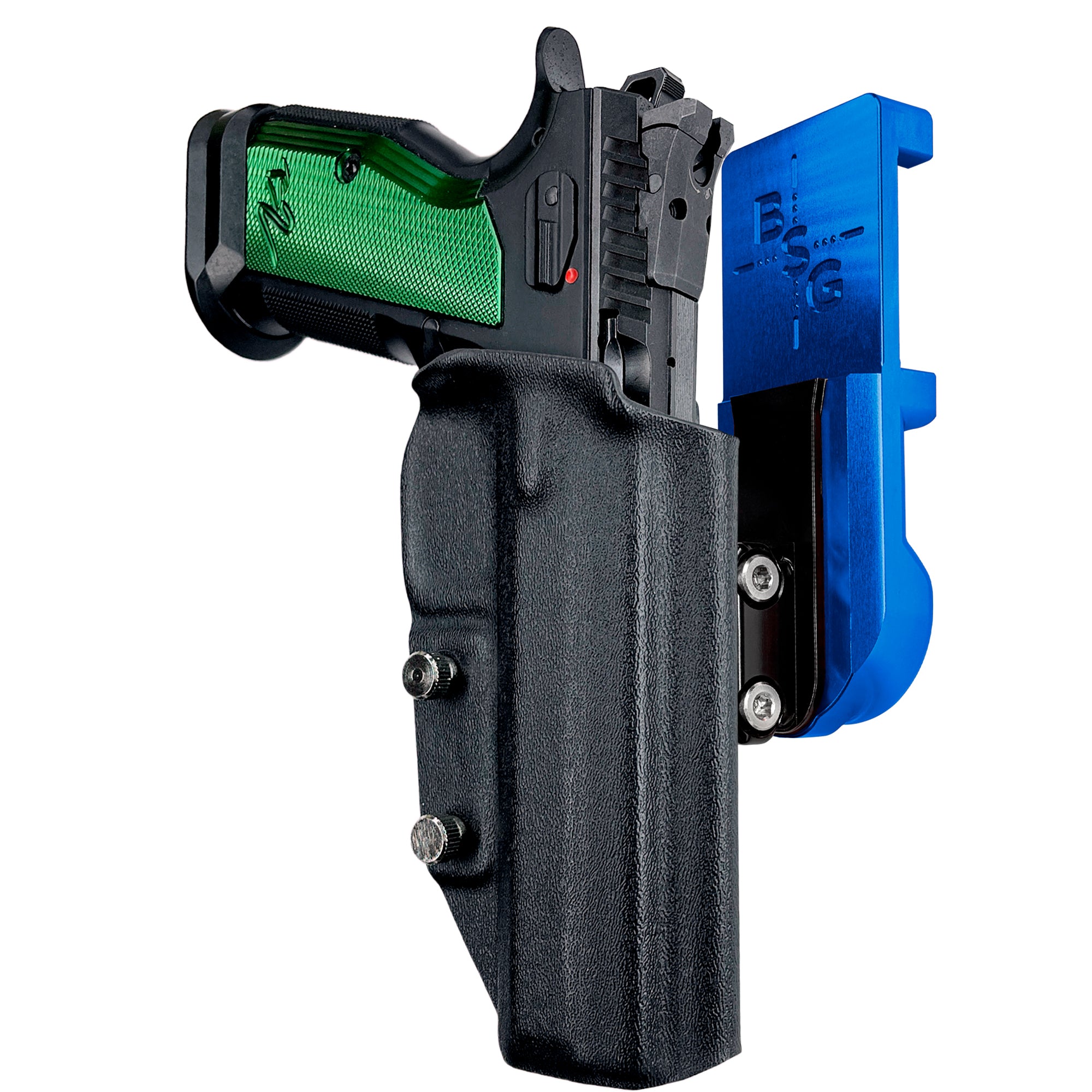 CZ TS2 Racing Green IPSC/USPA Quick Mount Ball Joint Holster with Blue Belt Attachment, Black Holster Shell