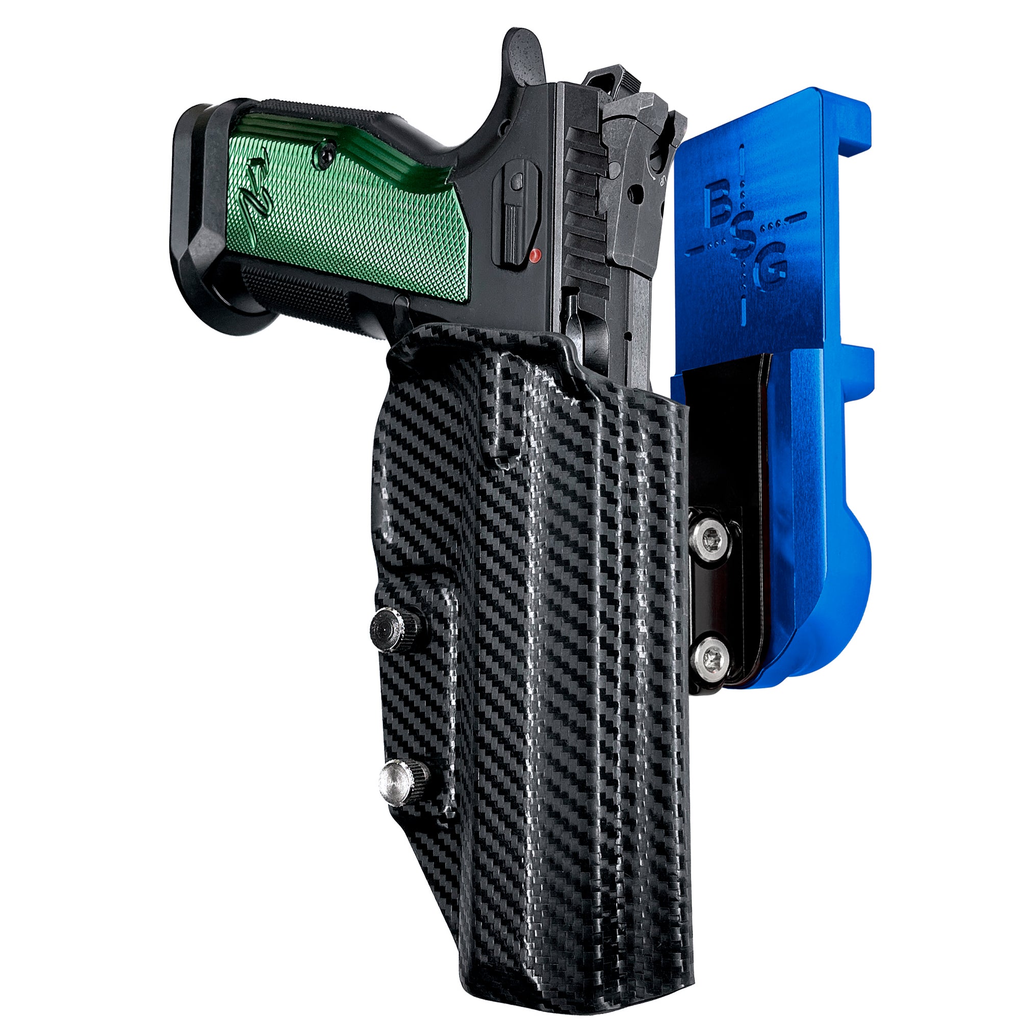 CZ TS2 Racing Green IPSC/USPA Quick Mount Ball Joint Holster with Blue Belt Attachment, Carbon Fiber Holster Shell