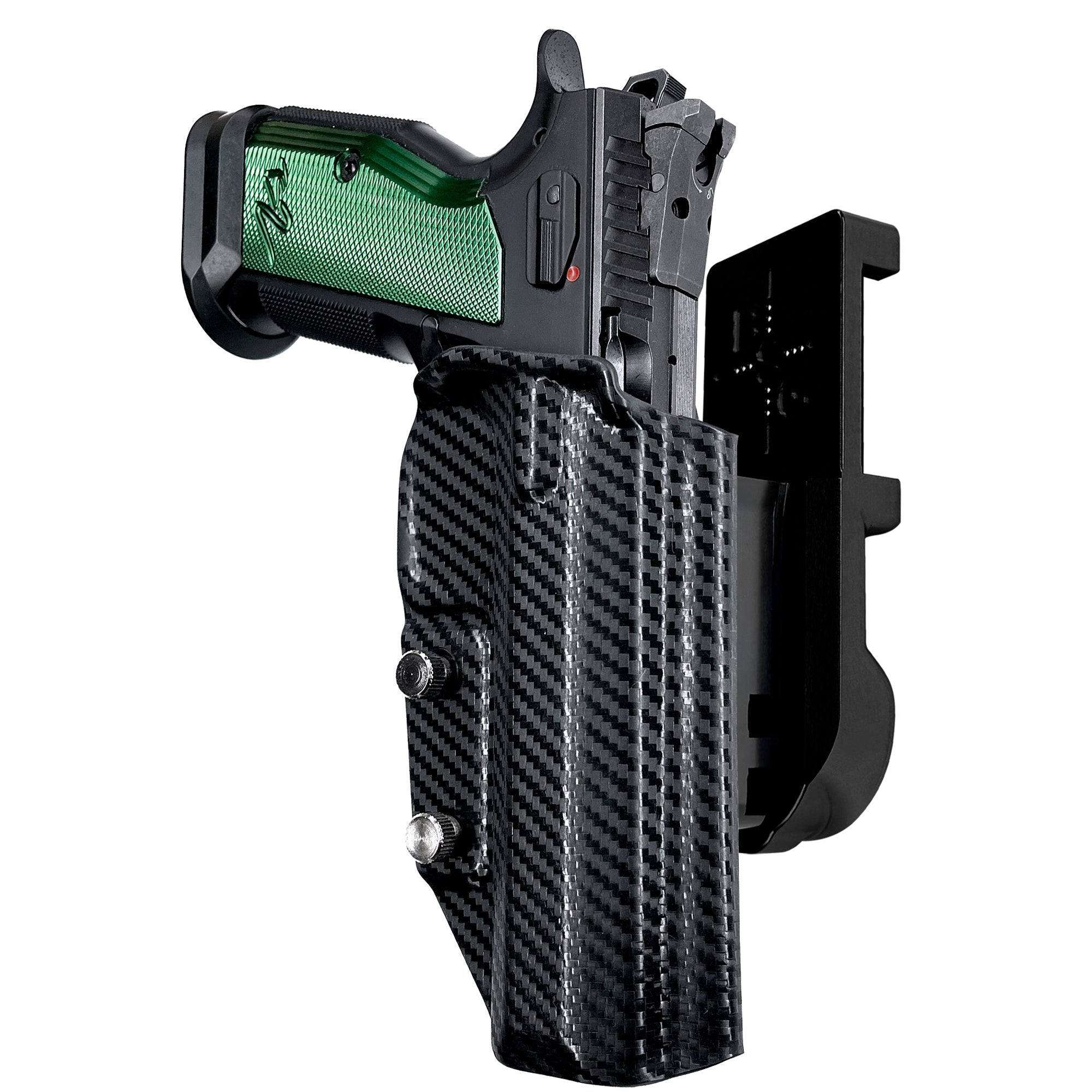 CZ TS2 Racing Green IPSC/USPA Quick Mount Holster with Black Belt Attachment, Carbon Fiber Holster Shell