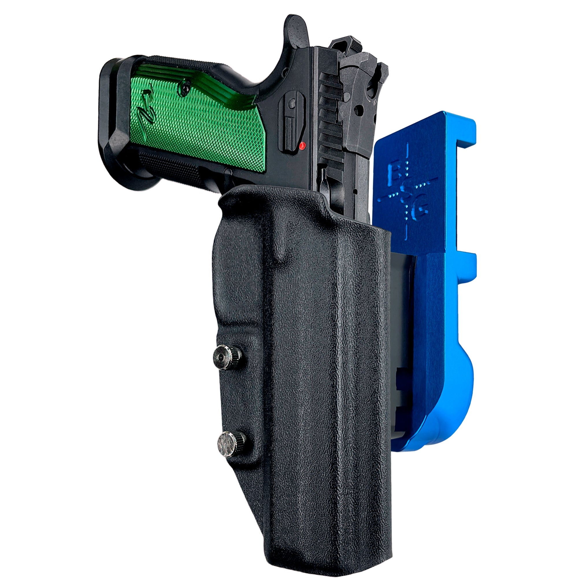 CZ TS2 Racing Green IPSC/USPA Quick Mount Holster with Blue Belt Attachment, Black Holster Shell
