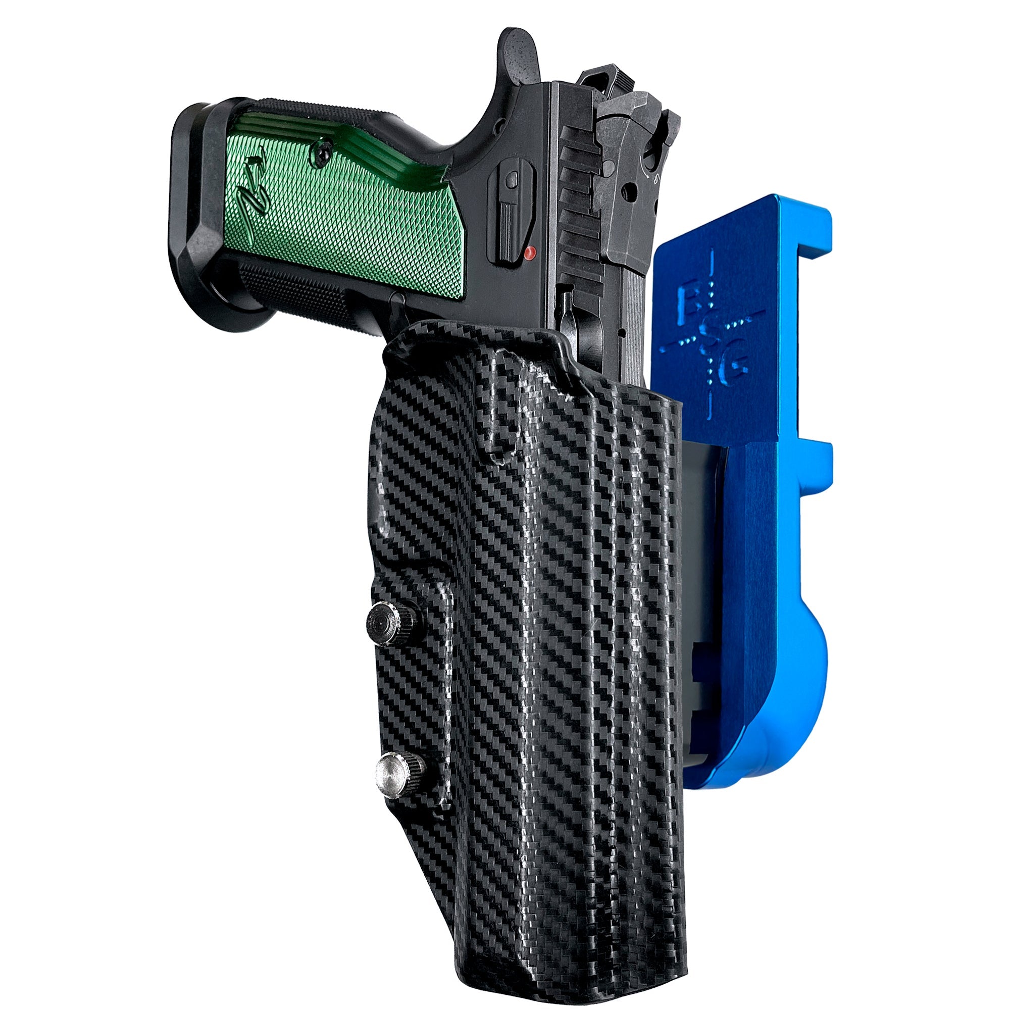 CZ TS2 Racing Green IPSC/USPA Quick Mount Holster with Blue Belt Attachment, Carbon Fiber Holster Shell