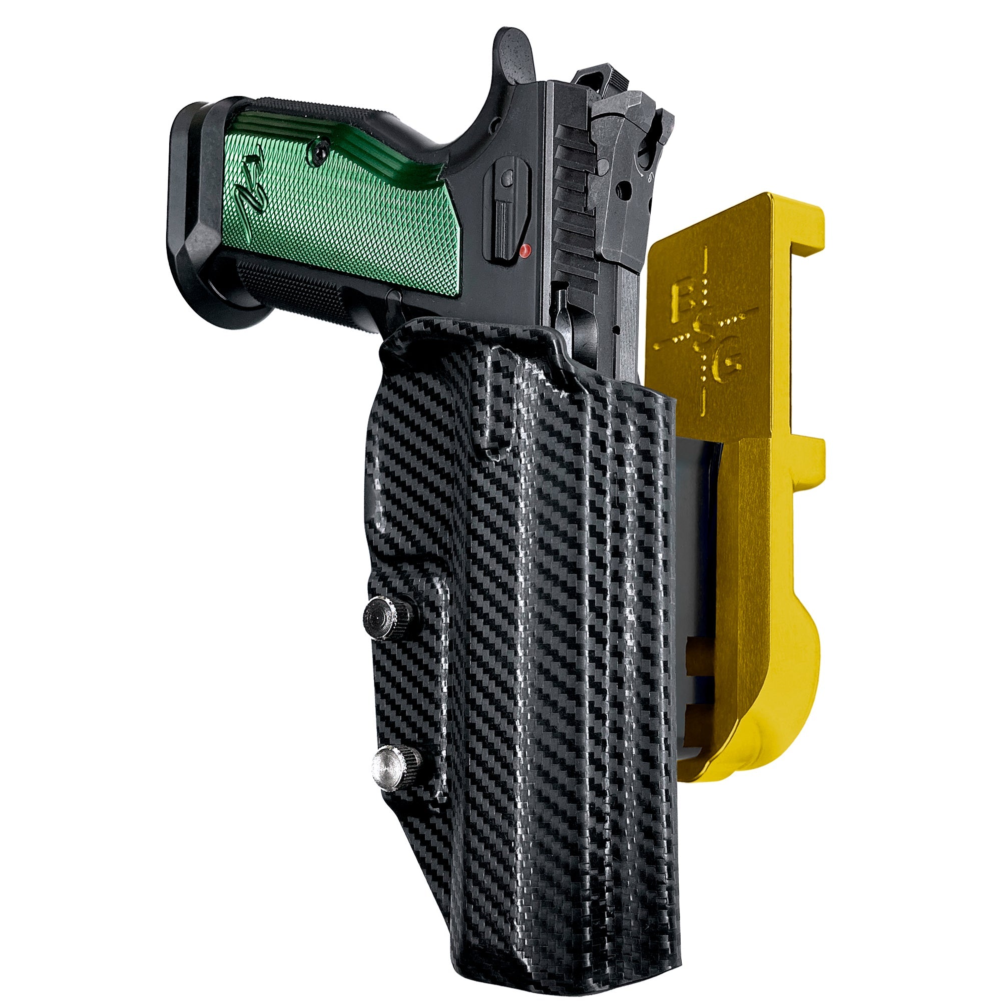 CZ TS2 Racing Green IPSC/USPA Quick Mount Holster with 24K Gold Belt Attachment, Carbon Fiber Holster Shell