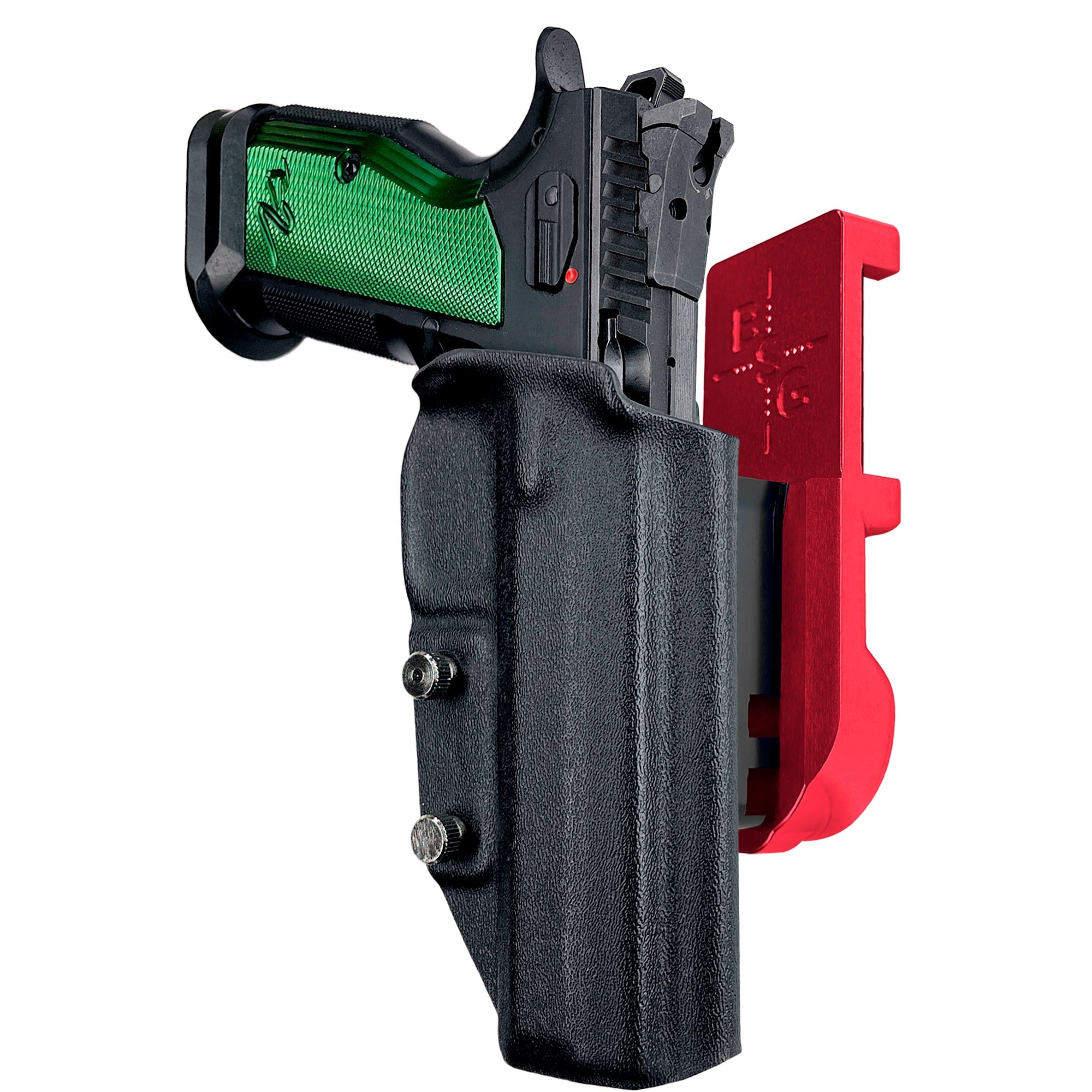 CZ TS2 Racing Green IPSC/USPA Quick Mount Holster with Red Belt Attachment, Black Holster Shell