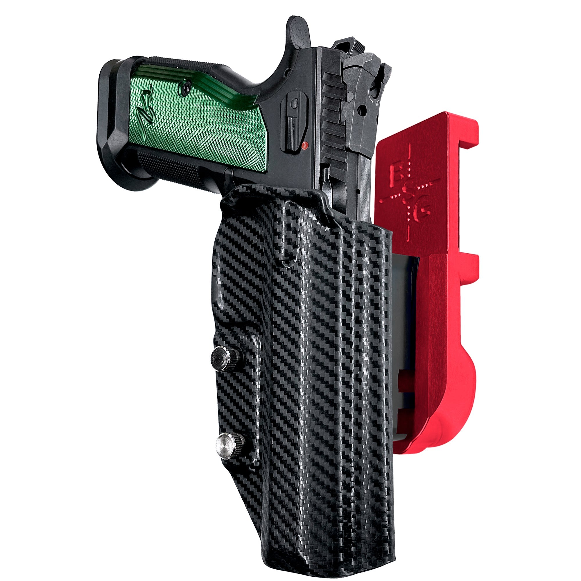 CZ TS2 Racing Green IPSC/USPA Quick Mount Holster with Red Belt Attachment, Carbon Fiber Holster Shell