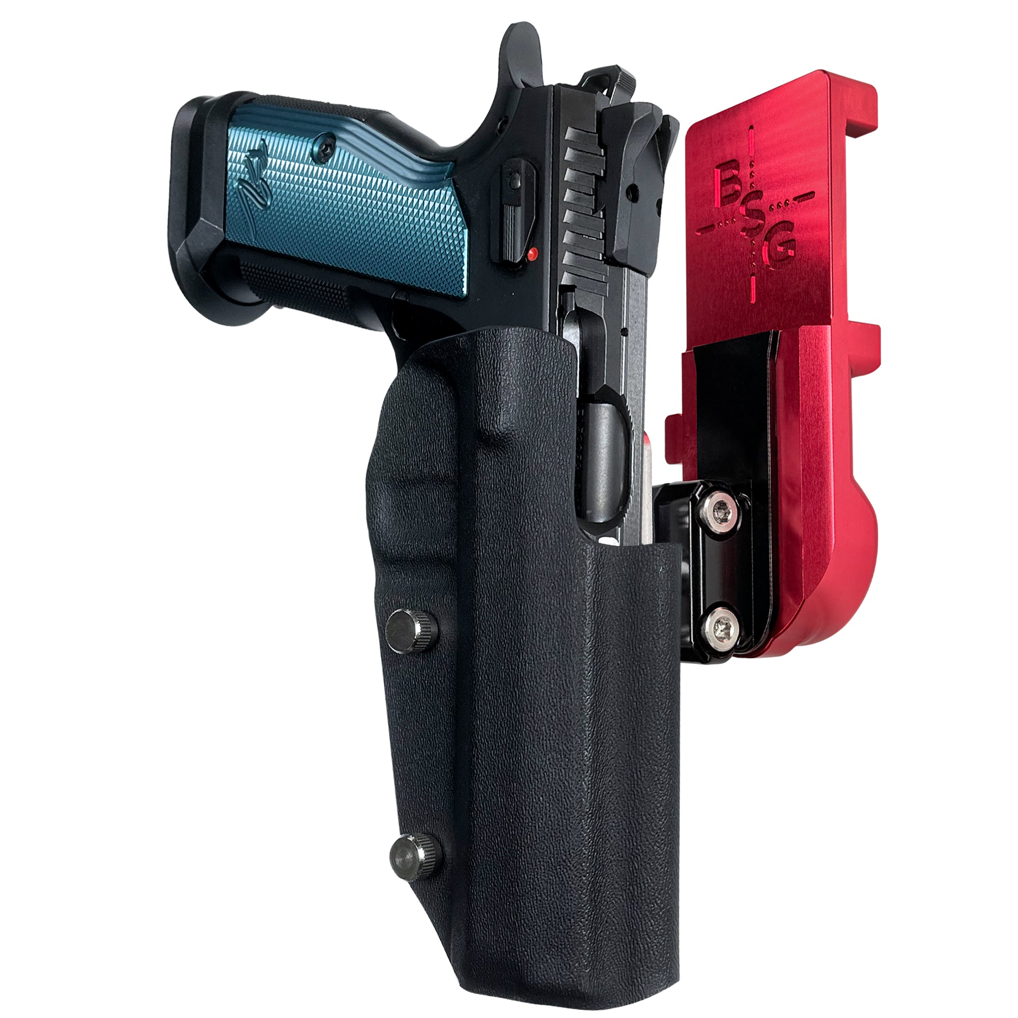 CZ TS2 IPSC/USPA Quick Mount Ball Joint Holster with Red Belt Attachment, Black Holster Shell