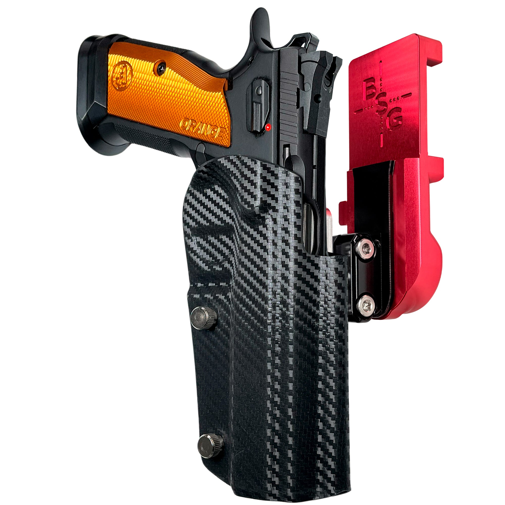 CZ TSO IPSC/USPA Quick Mount Ball Joint Holster with Red Belt Attachment, Carbon Fiber Holster Shell