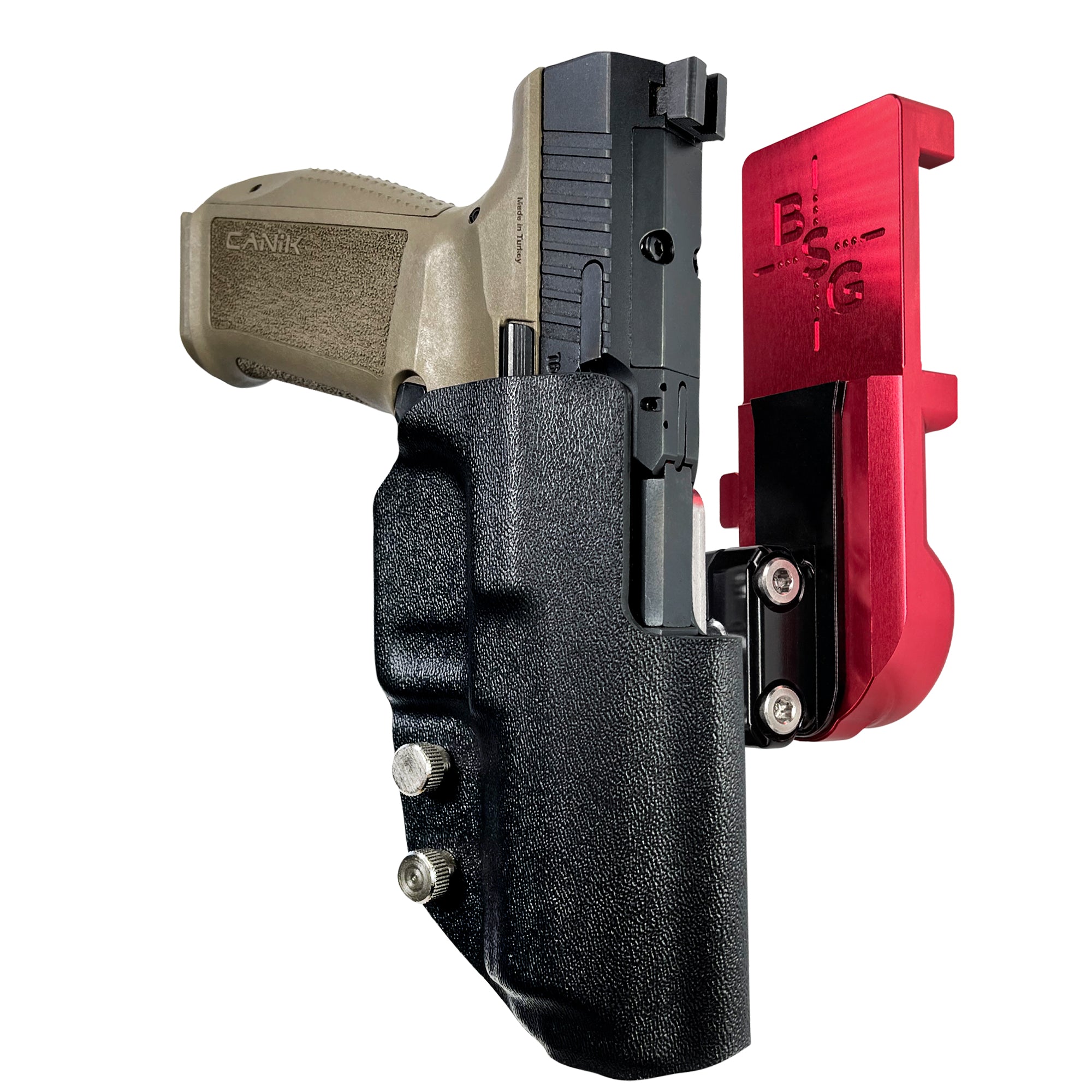 Canik METE SFT IPSC/USPA Quick Mount Ball Joint Holster with Red Belt Attachment, Black Holster Shell