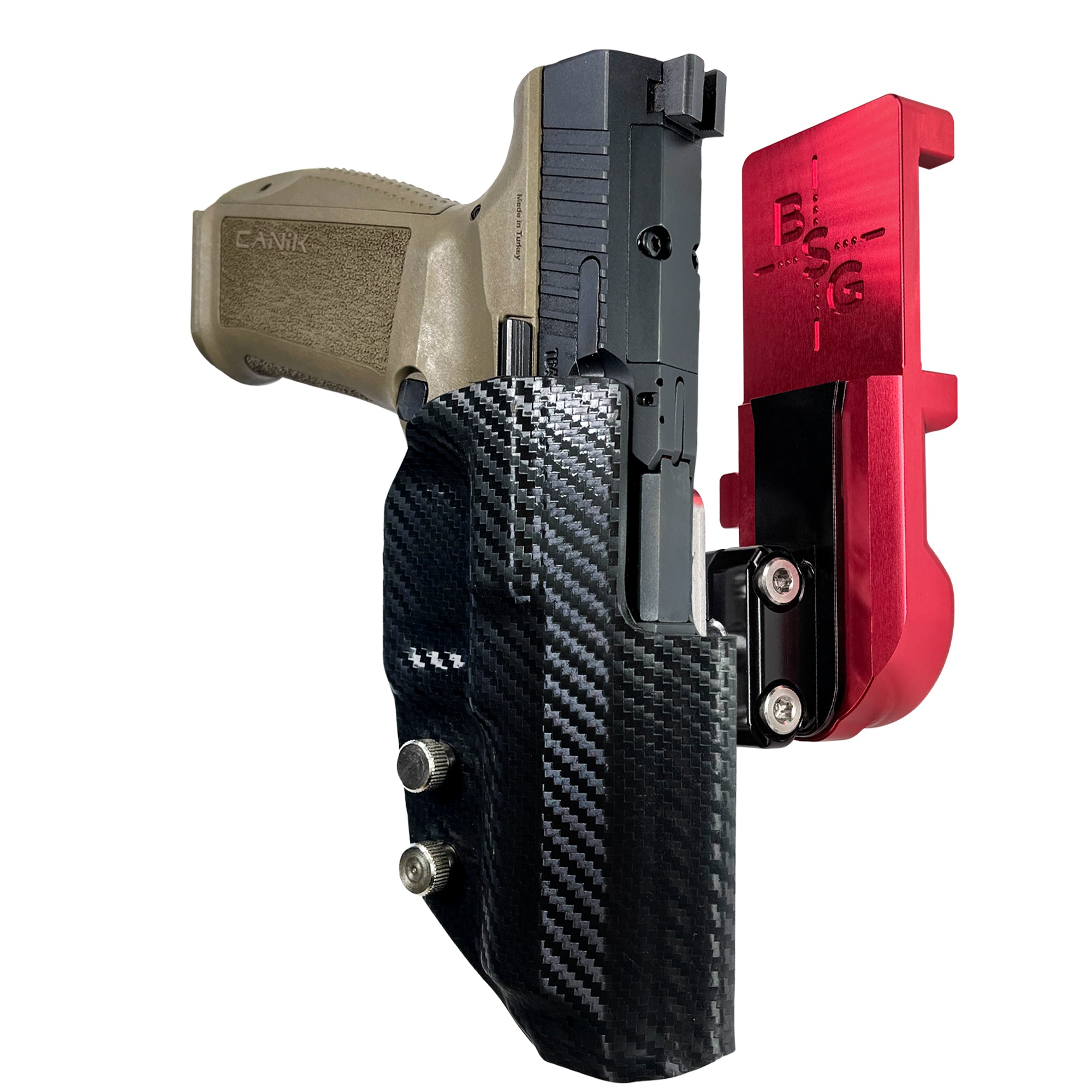 Canik METE SFT IPSC/USPA Quick Mount Ball Joint Holster with Red Belt Attachment, Carbon Fiber Holster Shell