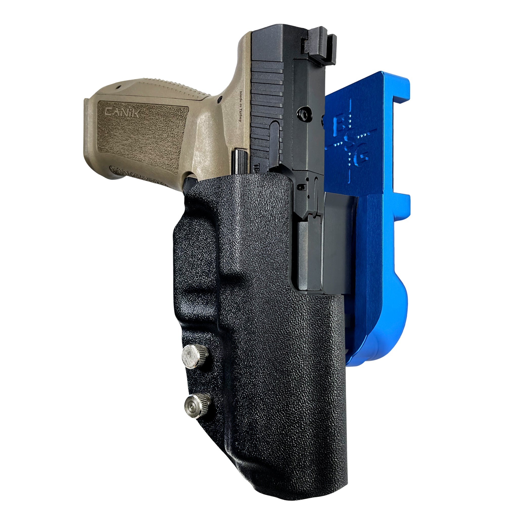 Canik METE SFT IPSC/USPA Quick Mount Holster with Blue Belt Attachment, Black Holster Shell