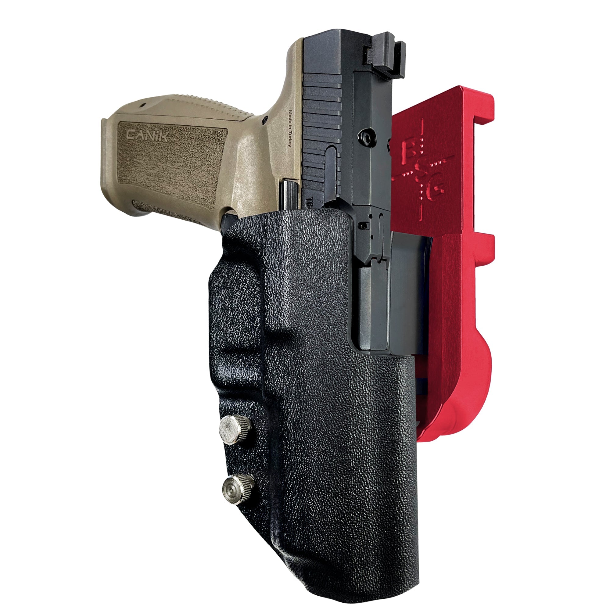 Canik METE SFT IPSC/USPA Quick Mount Holster with Red Belt Attachment, Black Holster Shell