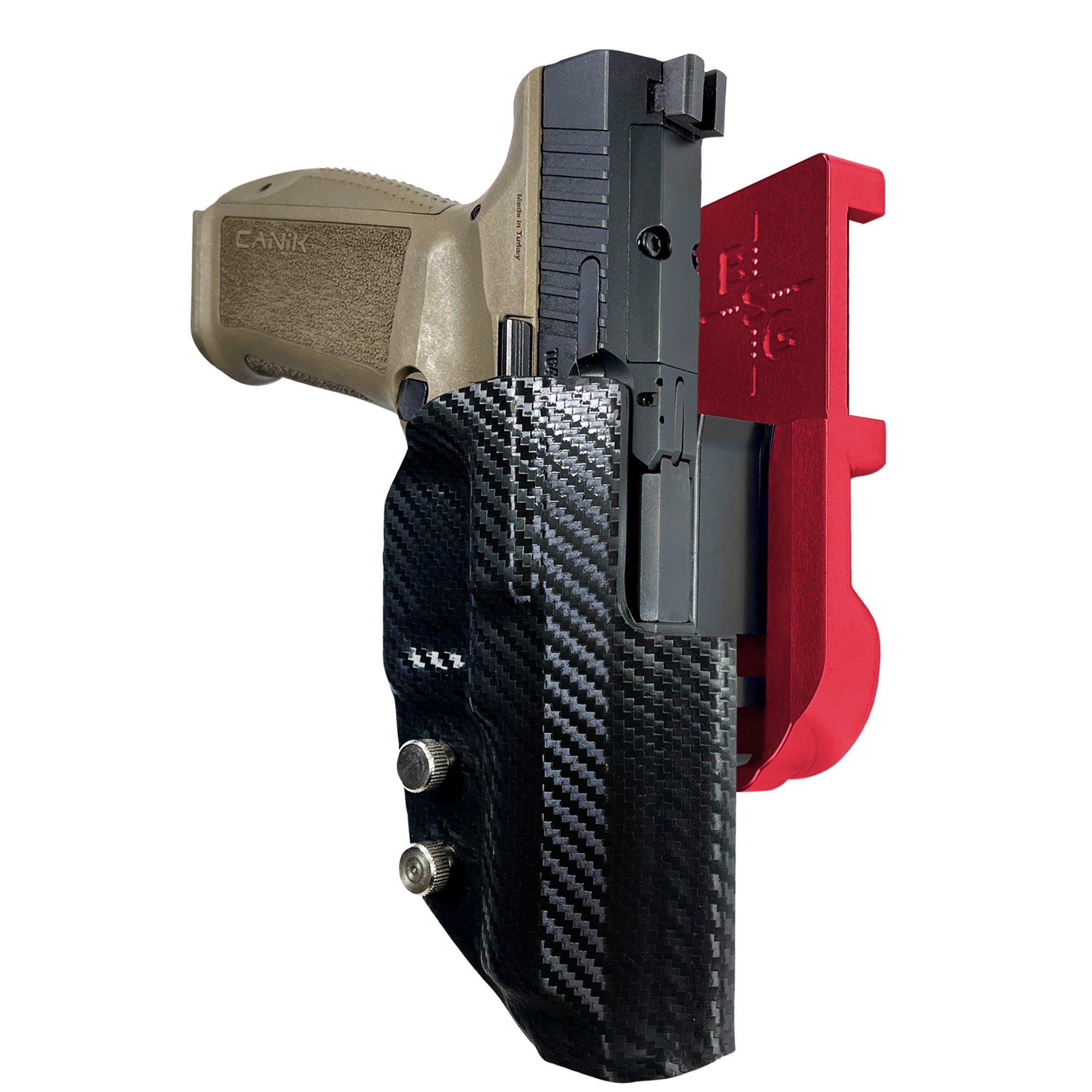 Canik METE SFT IPSC/USPA Quick Mount Holster with Red Belt Attachment, Carbon Fiber Holster Shell