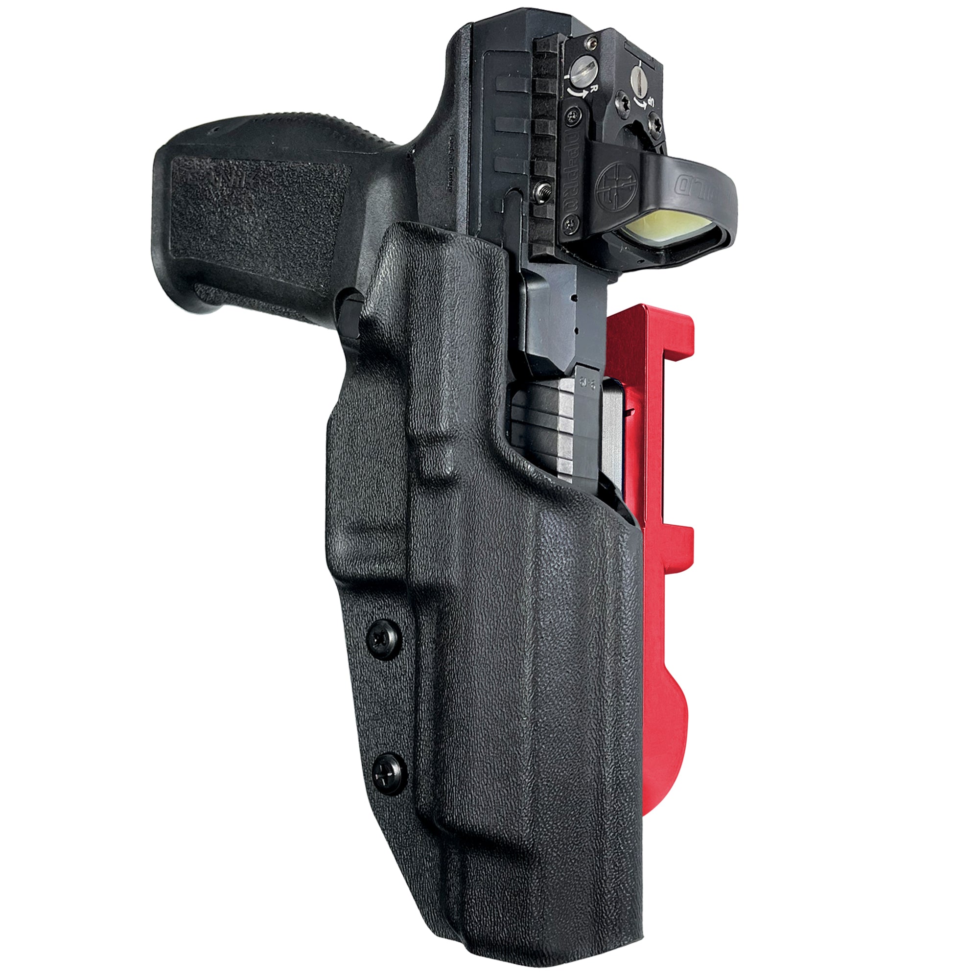 Canik SFx Rival IDPA Quick Mount Holster with Red Belt Attachment, Black Holster Shell