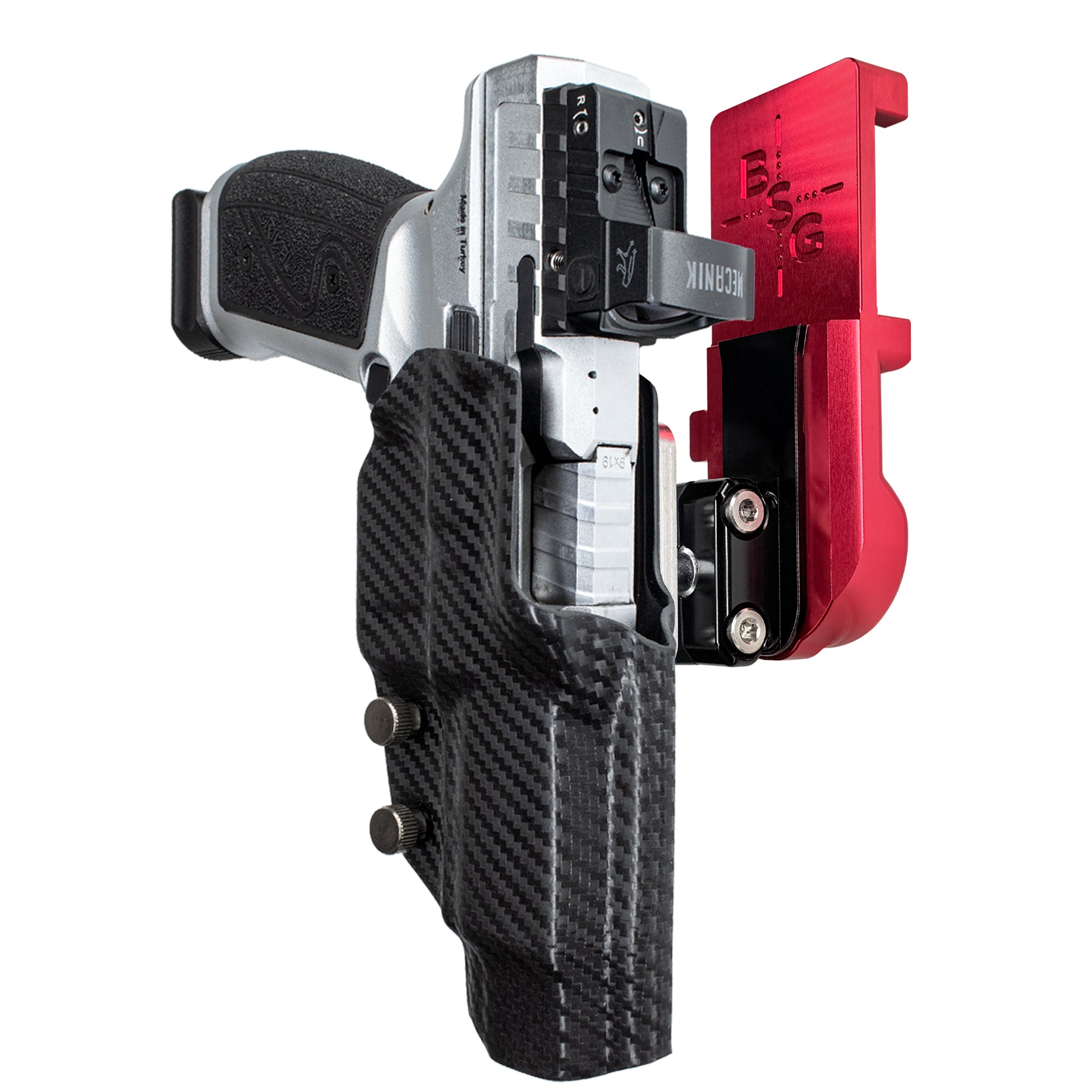 Canik Rival-S IPSC/USPA Quick Mount Ball Joint Holster with Red Belt Attachment, Carbon Fiber Holster Shell