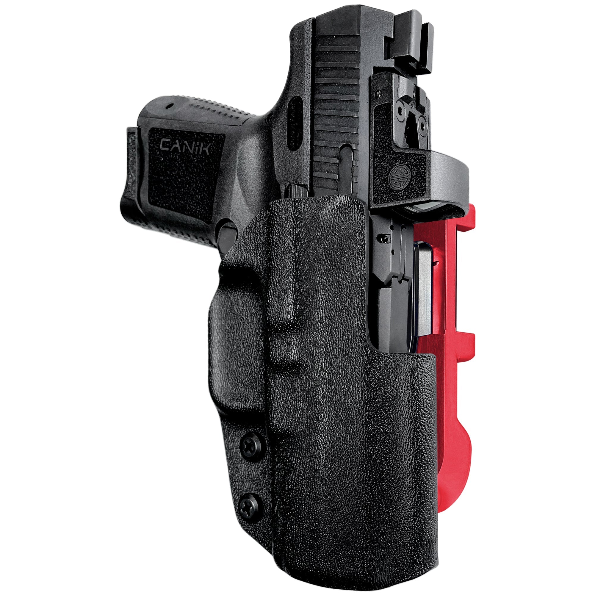 Canik TP9 Elite SC IDPA Quick Mount Holster with Red Belt Attachment, Black Holster Shell