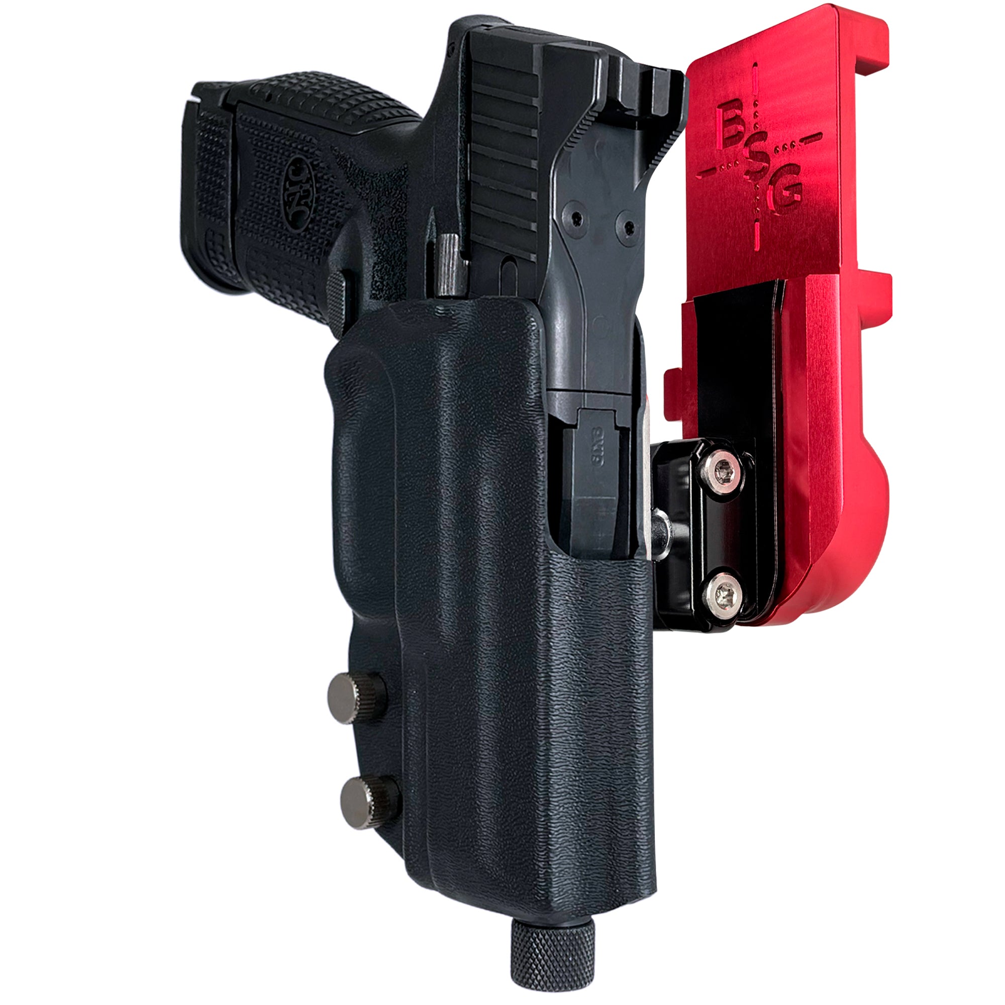 FN 509 Compact IPSC/USPA Quick Mount Ball Joint Holster with Red Belt Attachment, Black Holster Shell