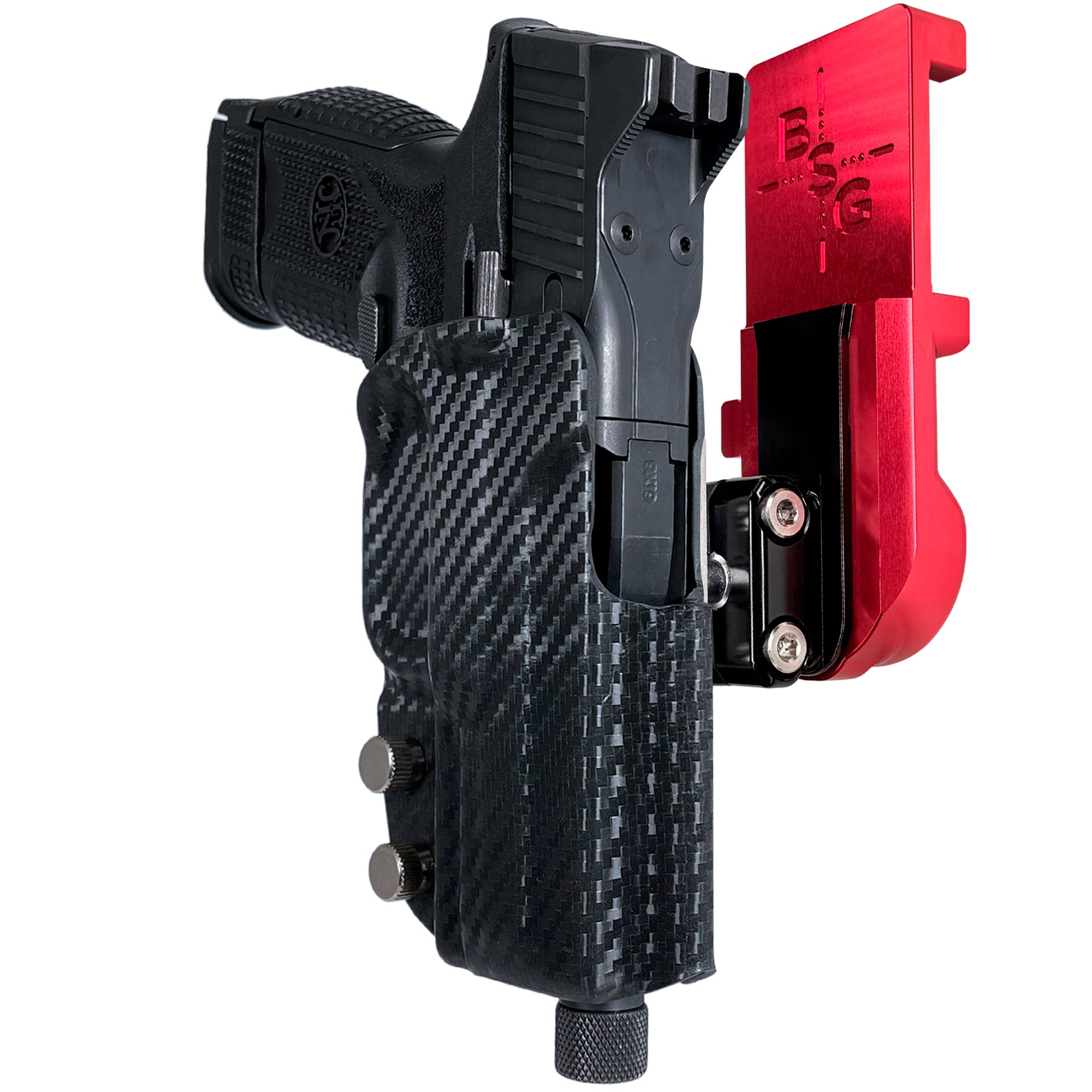 FN 509 Compact IPSC/USPA Quick Mount Ball Joint Holster with Red Belt Attachment, Carbon Fiber Holster Shell