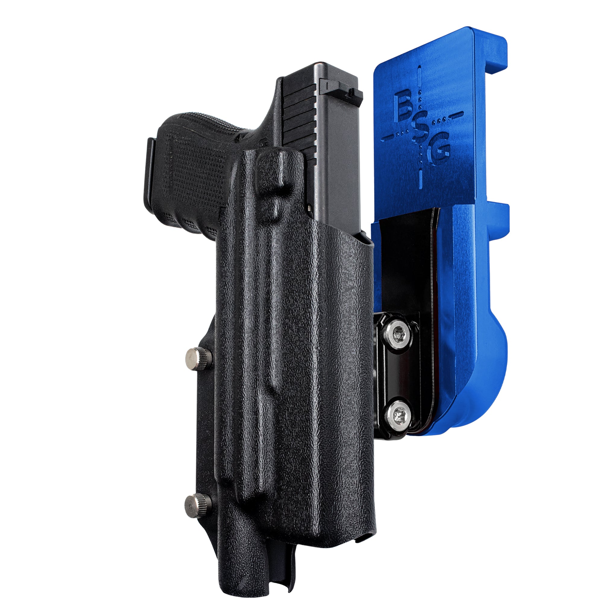 Glock 17 w/ X300U-A IPSC/USPA Quick Mount Ball Joint Holster with Blue Belt Attachment, Black Holster Shell