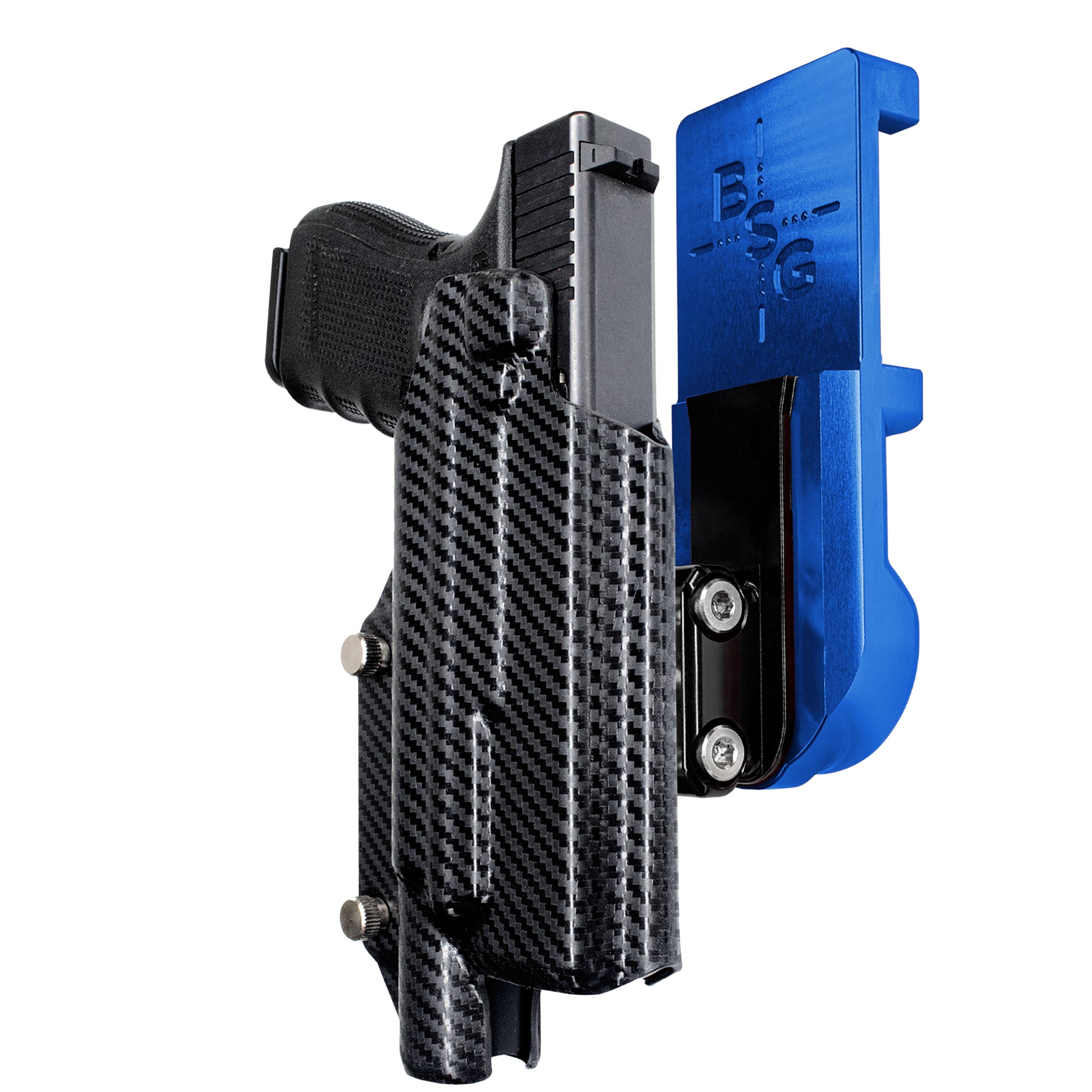 Glock 17 w/ X300U-A IPSC/USPA Quick Mount Ball Joint Holster with Blue Belt Attachment, Carbon Fiber Holster Shell