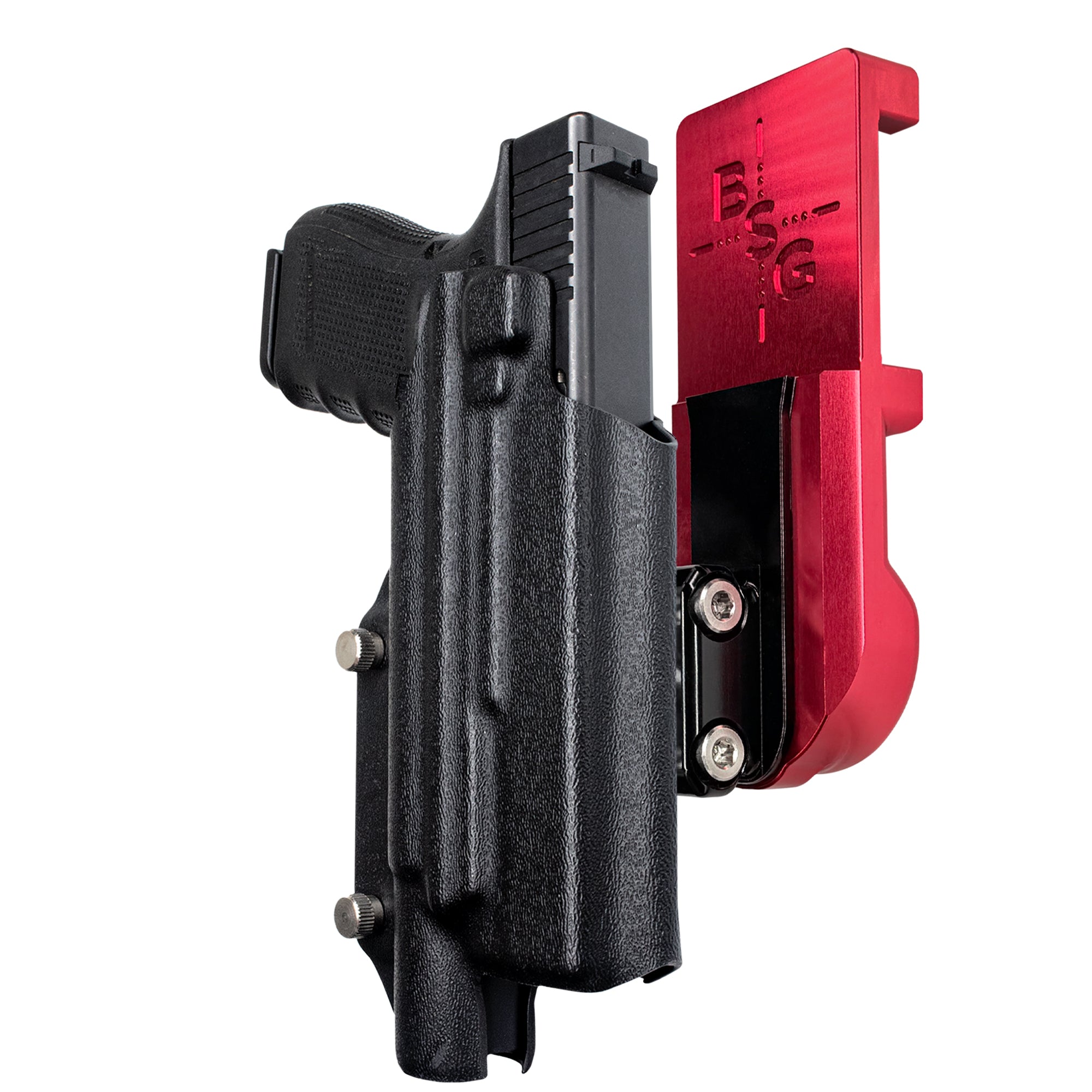 Glock 17 w/ X300U-A IPSC/USPA Quick Mount Ball Joint Holster with Red Belt Attachment, Black Holster Shell