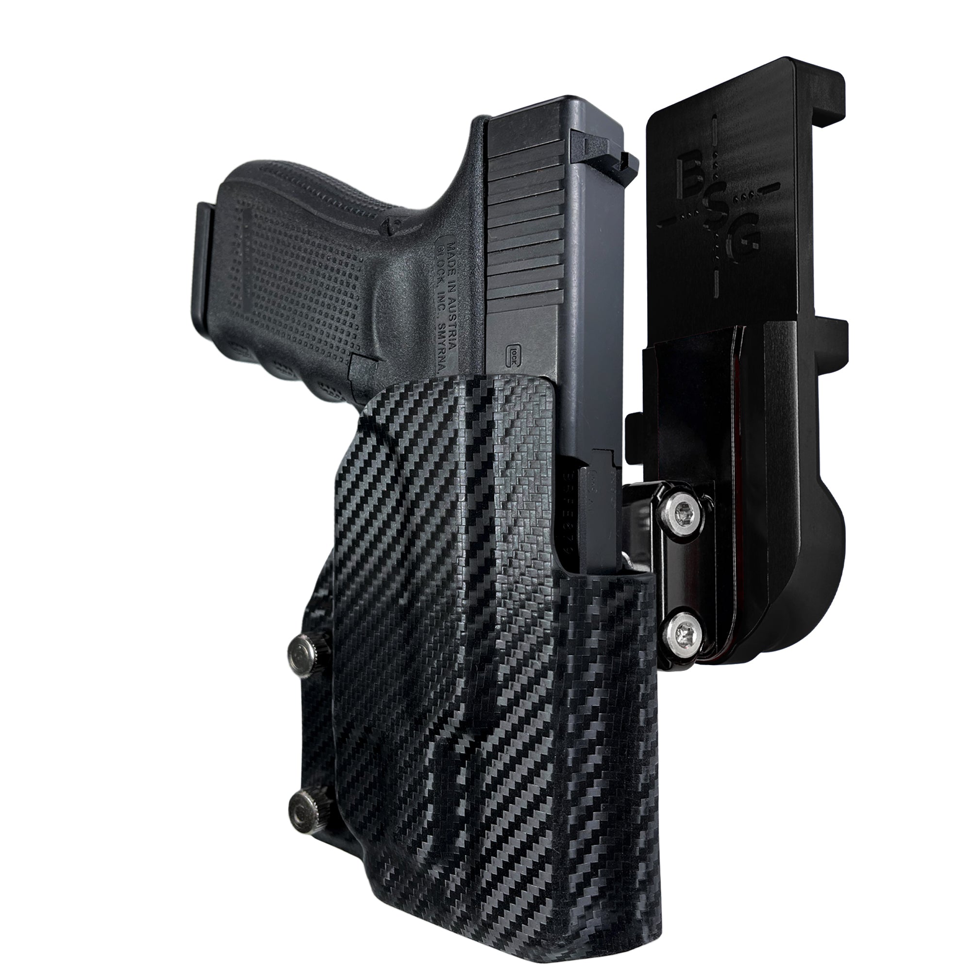 Glock 19 Gen 4 w/ TLR7A IPSC/USPA Quick Mount Ball Joint Holster with Black Belt Attachment, Carbon Fiber Holster Shell
