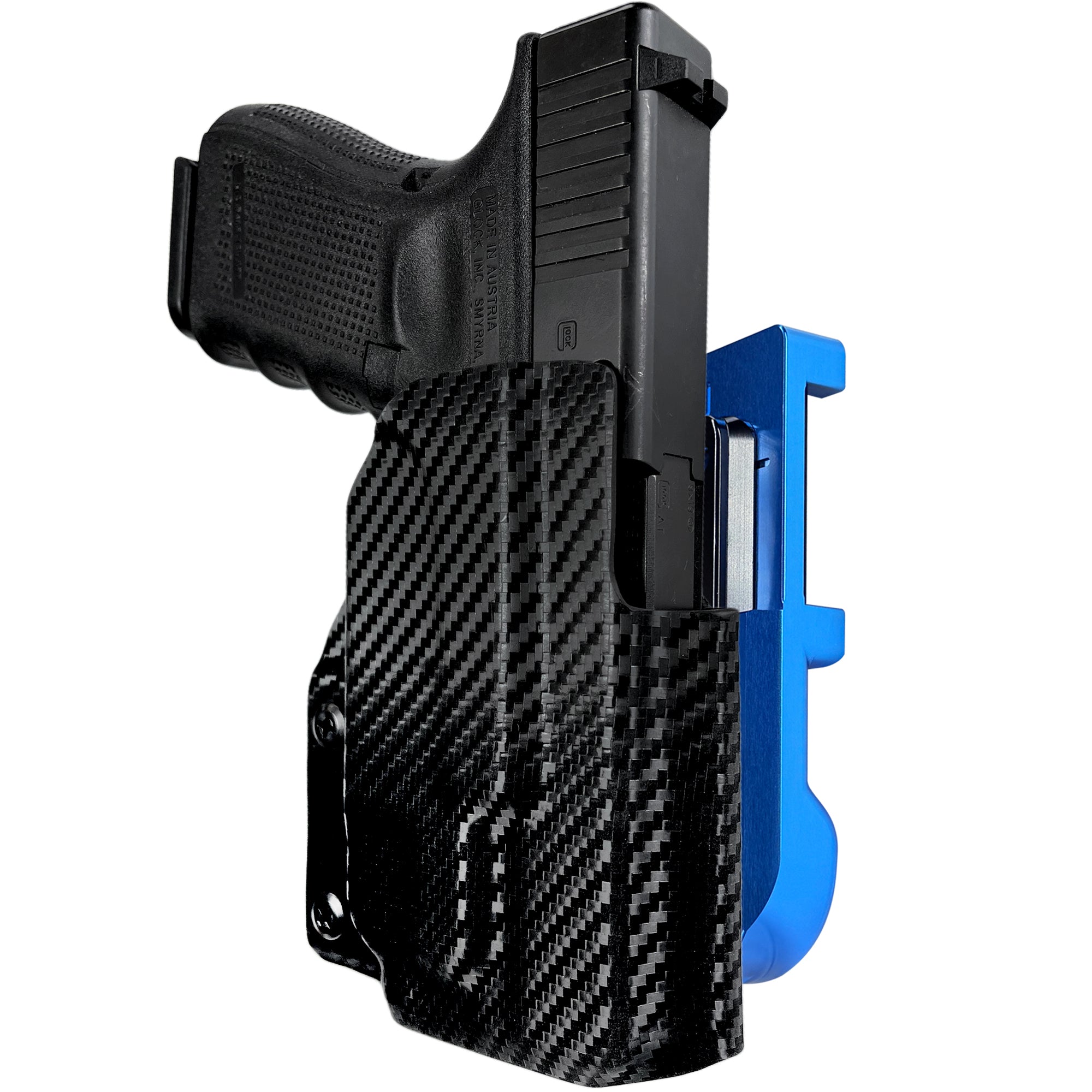 Glock 19 Gen 4 w/ TLR7A IDPA Quick Mount Holster with Blue Belt Attachment, Carbon Fiber Holster Shell