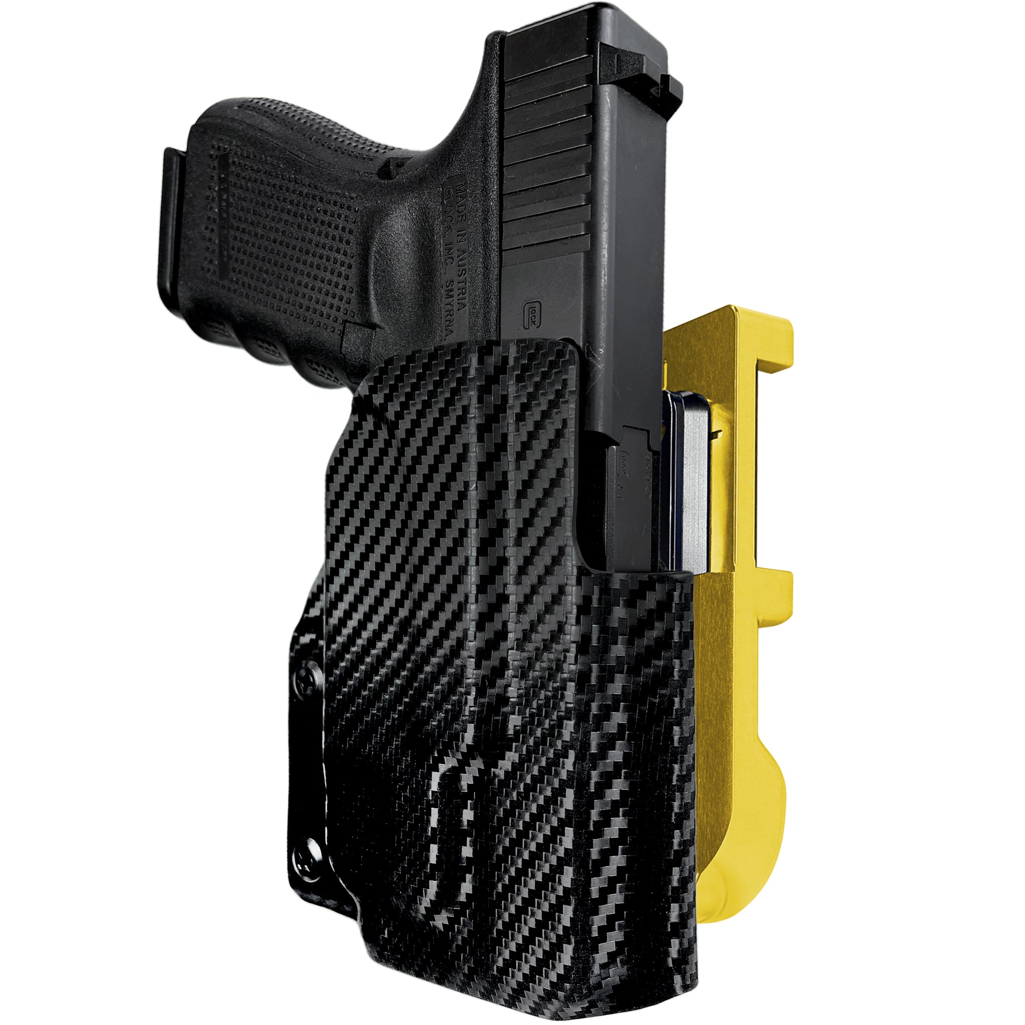 Glock 19 Gen 4 w/ TLR7A IDPA Quick Mount Holster with 24K Gold Belt Attachment, Carbon Fiber Holster Shell