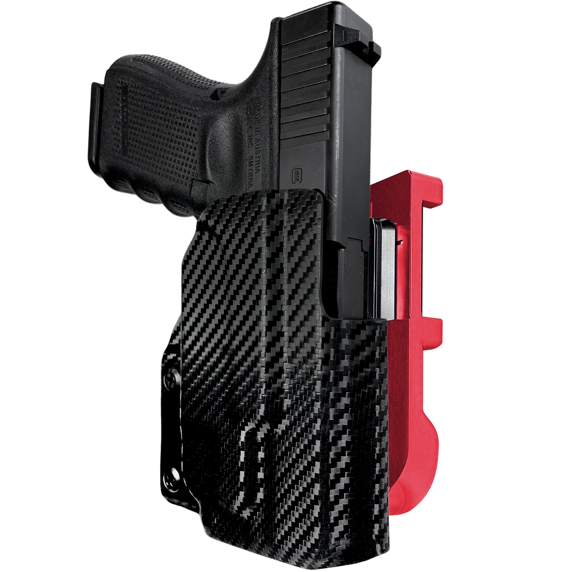 Glock 19 Gen 4 w/ TLR7A IDPA Quick Mount Holster with Red Belt Attachment, Carbon Fiber Holster Shell