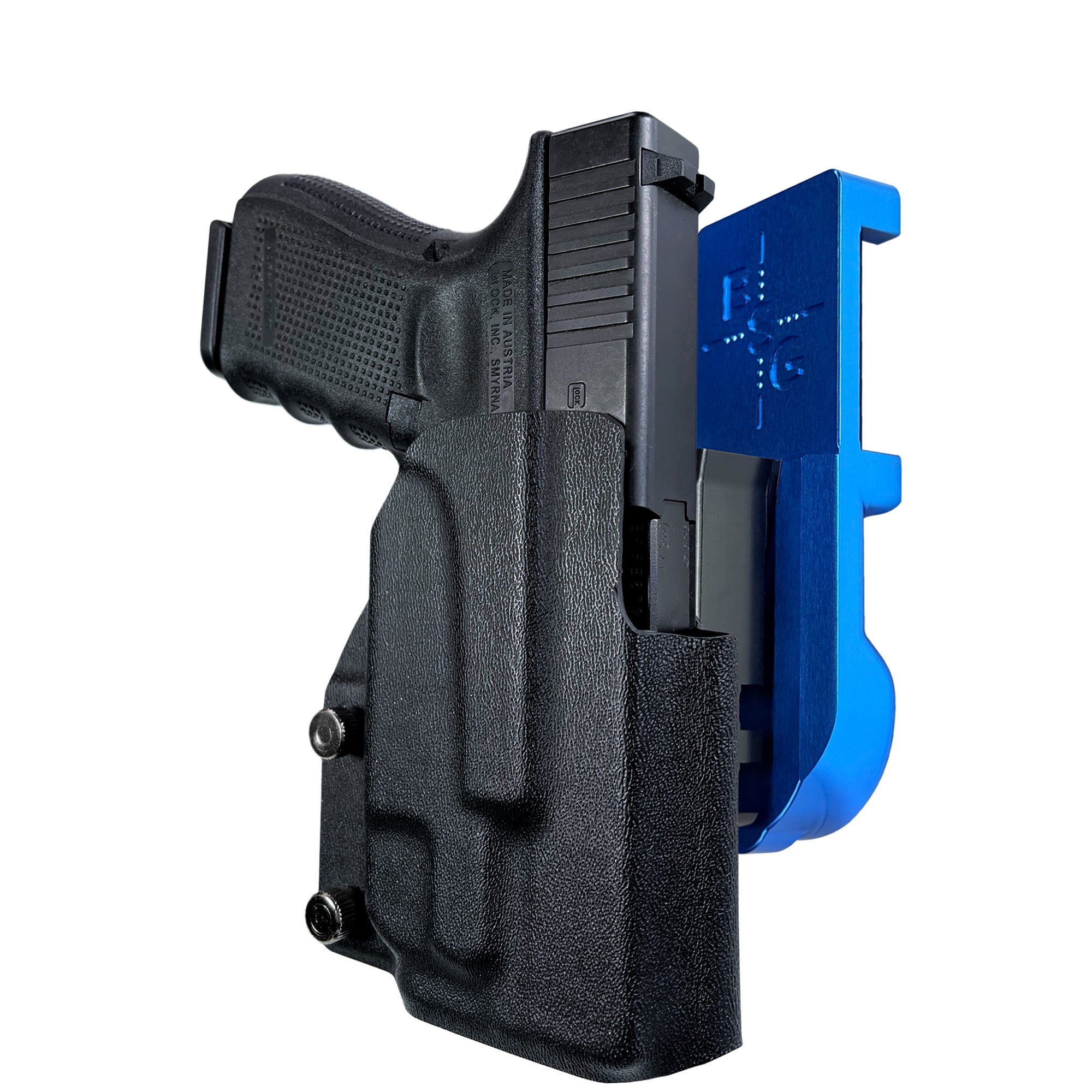 Glock 19 Gen 4 w/ TLR7A IPSC/USPA Quick Mount Holster with Blue Belt Attachment, Black Holster Shell