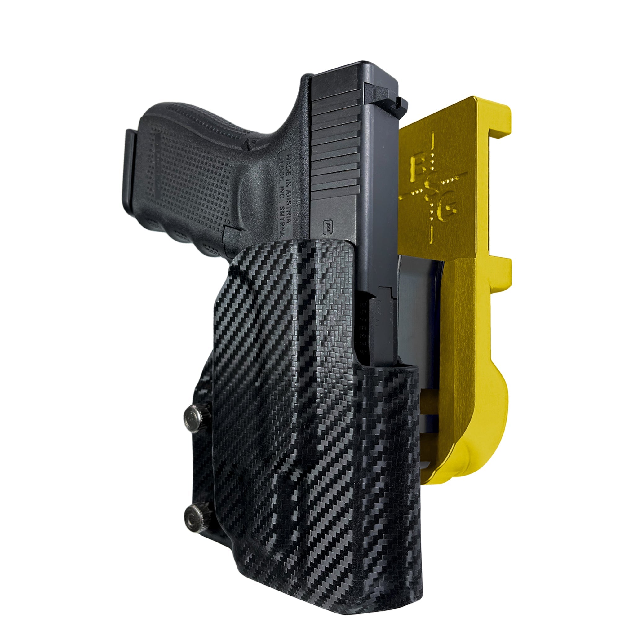Glock 19 Gen 4 w/ TLR7A IPSC/USPA Quick Mount Holster with 24K Gold Belt Attachment, Carbon Fiber Holster Shell