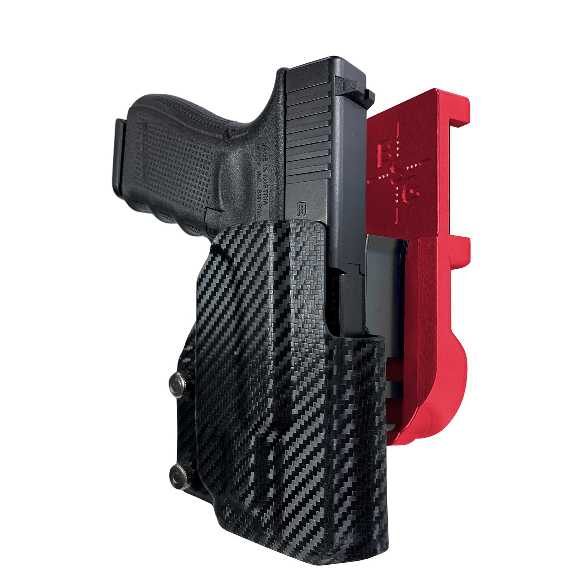 Glock 19 Gen 4 w/ TLR7A IPSC/USPA Quick Mount Holster with Red Belt Attachment, Carbon Fiber Holster Shell