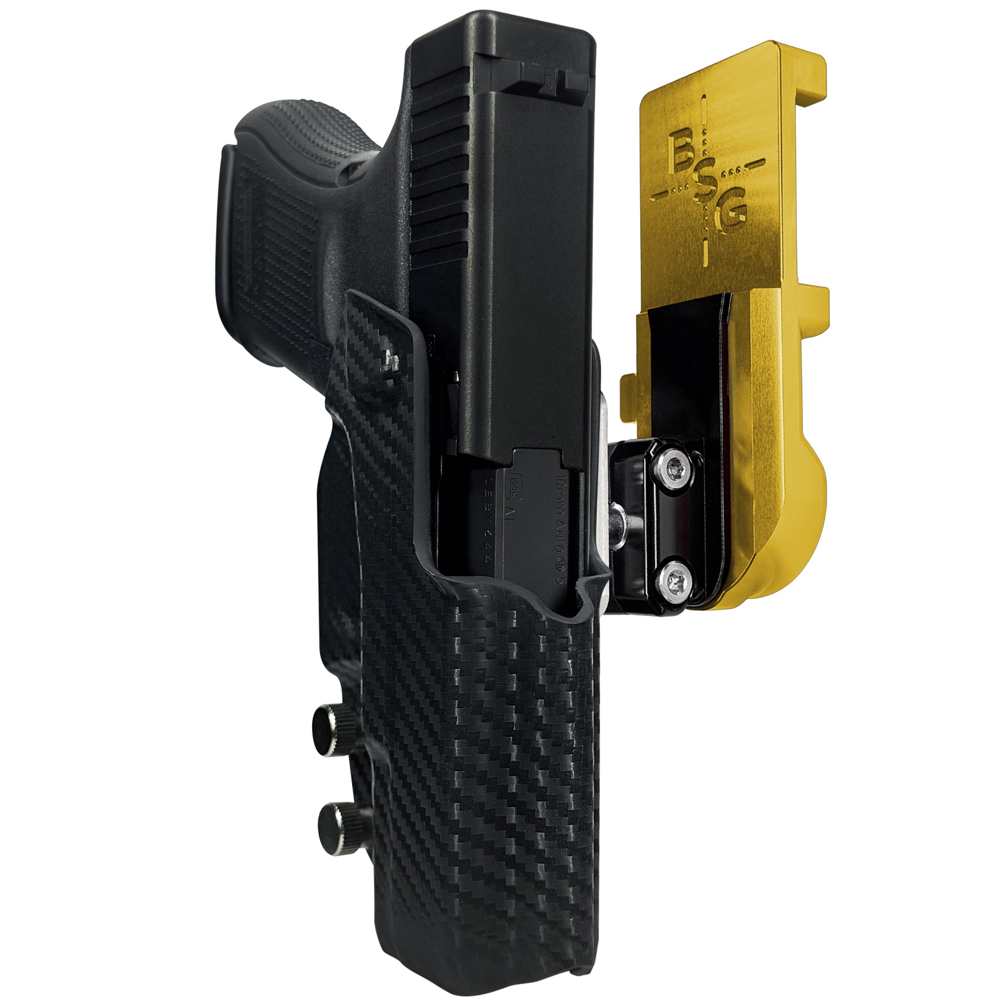 Glock 29 Gen 5 IPSC/USPA Quick Mount Ball Joint Holster with 24K Gold Belt Attachment, Carbon Fiber Holster Shell