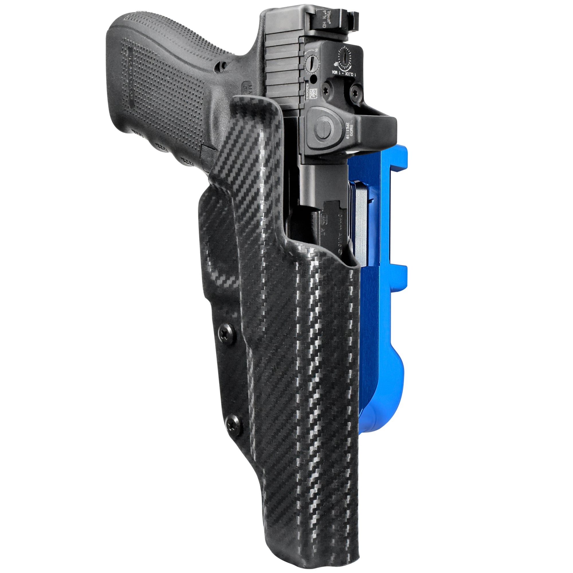 Glock 40 Gen4 MOS IDPA Quick Mount Holster with Blue Belt Attachment, Carbon Fiber Holster Shell