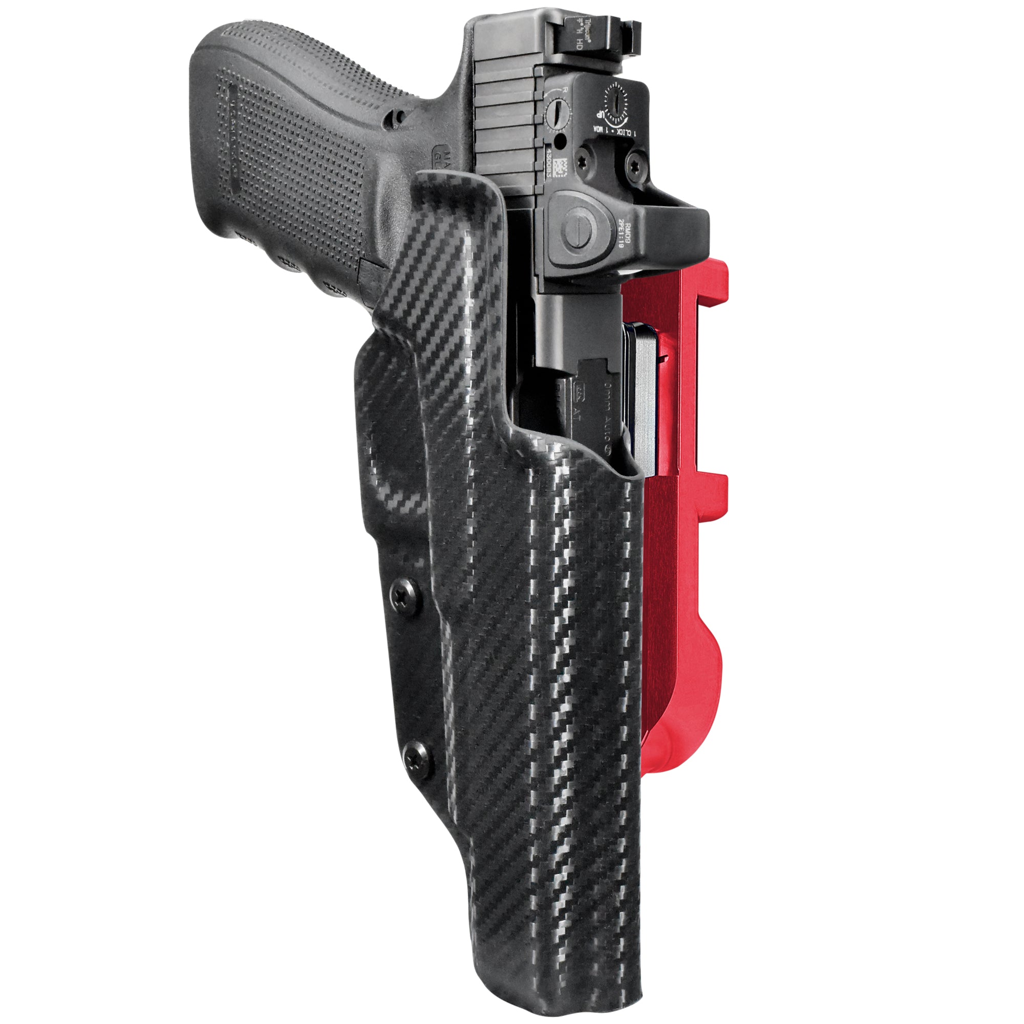 Glock 40 Gen4 MOS IDPA Quick Mount Holster with Red Belt Attachment, Carbon Fiber Holster Shell
