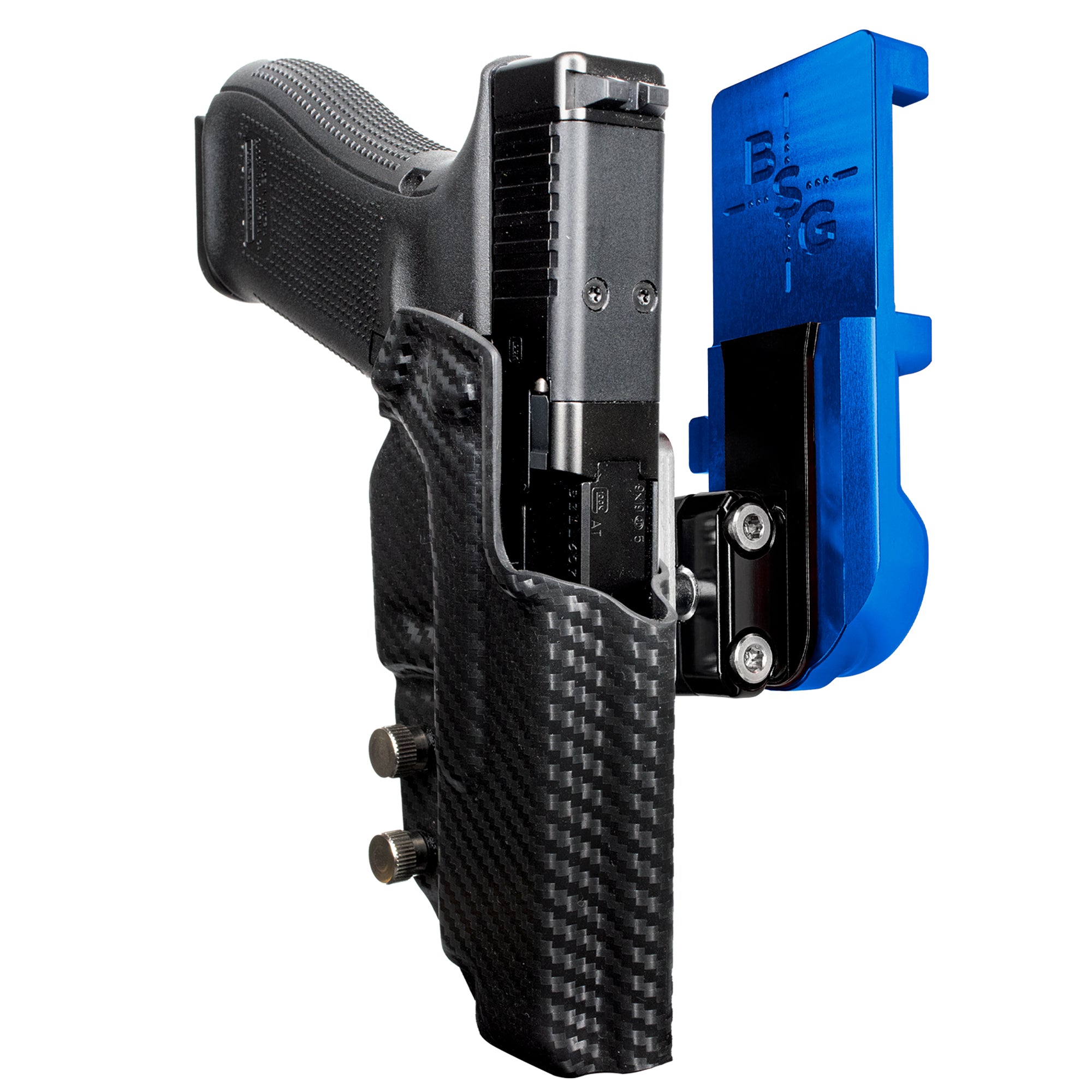 Glock 47 MOS IPSC/USPA Quick Mount Ball Joint Holster with Blue Belt Attachment, Carbon Fiber Holster Shell