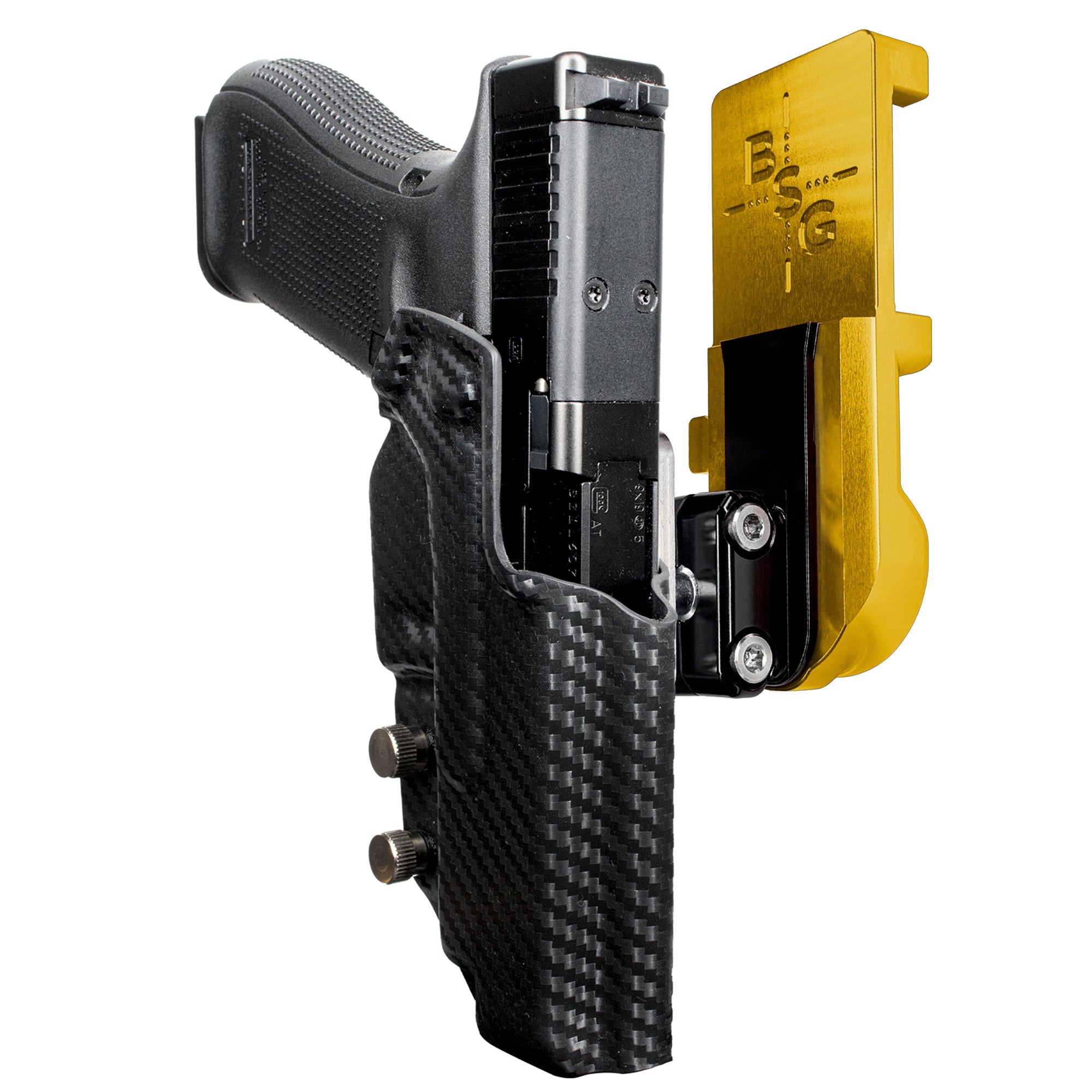 Glock 47 MOS IPSC/USPA Quick Mount Ball Joint Holster with 24K Gold Belt Attachment, Carbon Fiber Holster Shell