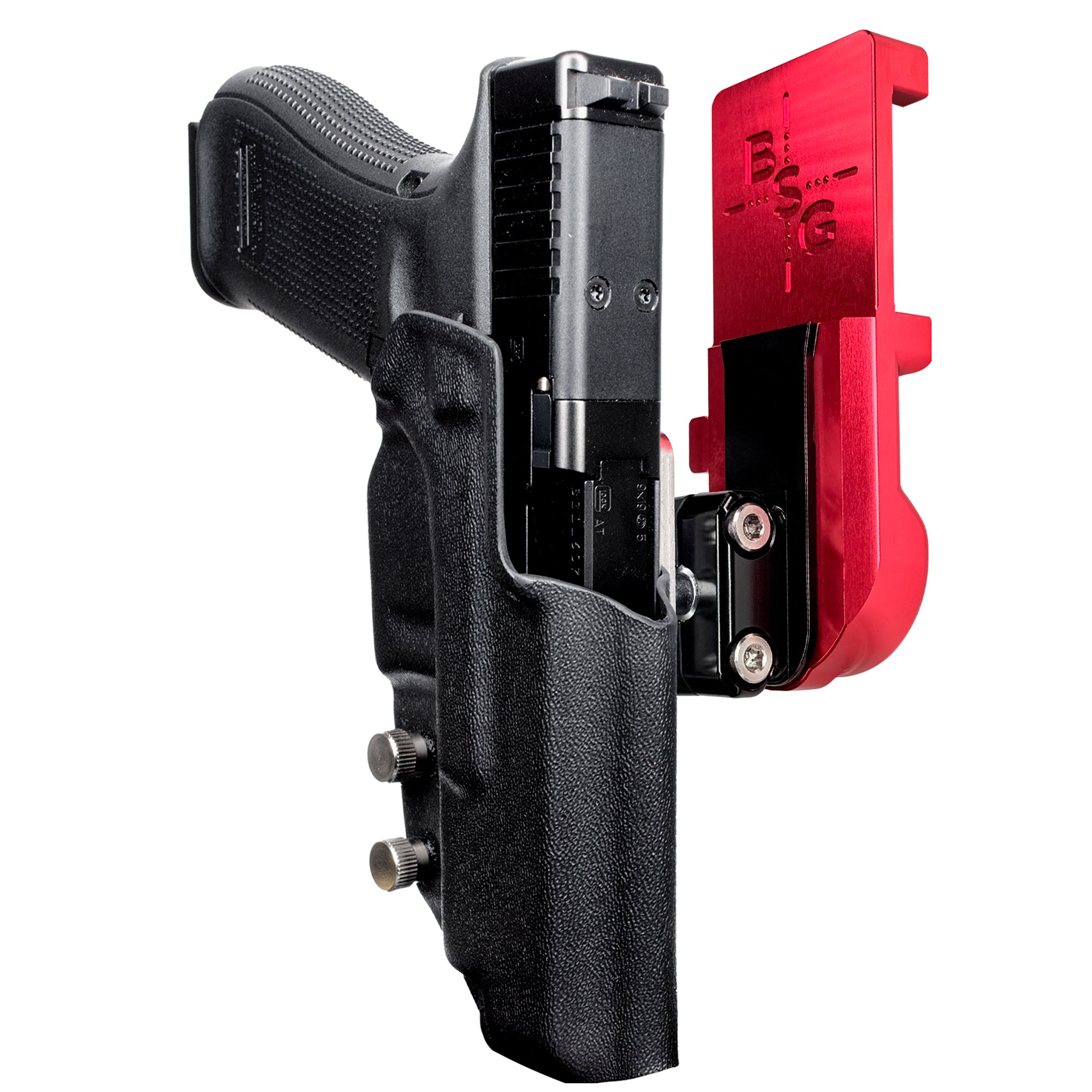 Glock 47 MOS IPSC/USPA Quick Mount Ball Joint Holster with Red Belt Attachment, Black Holster Shell