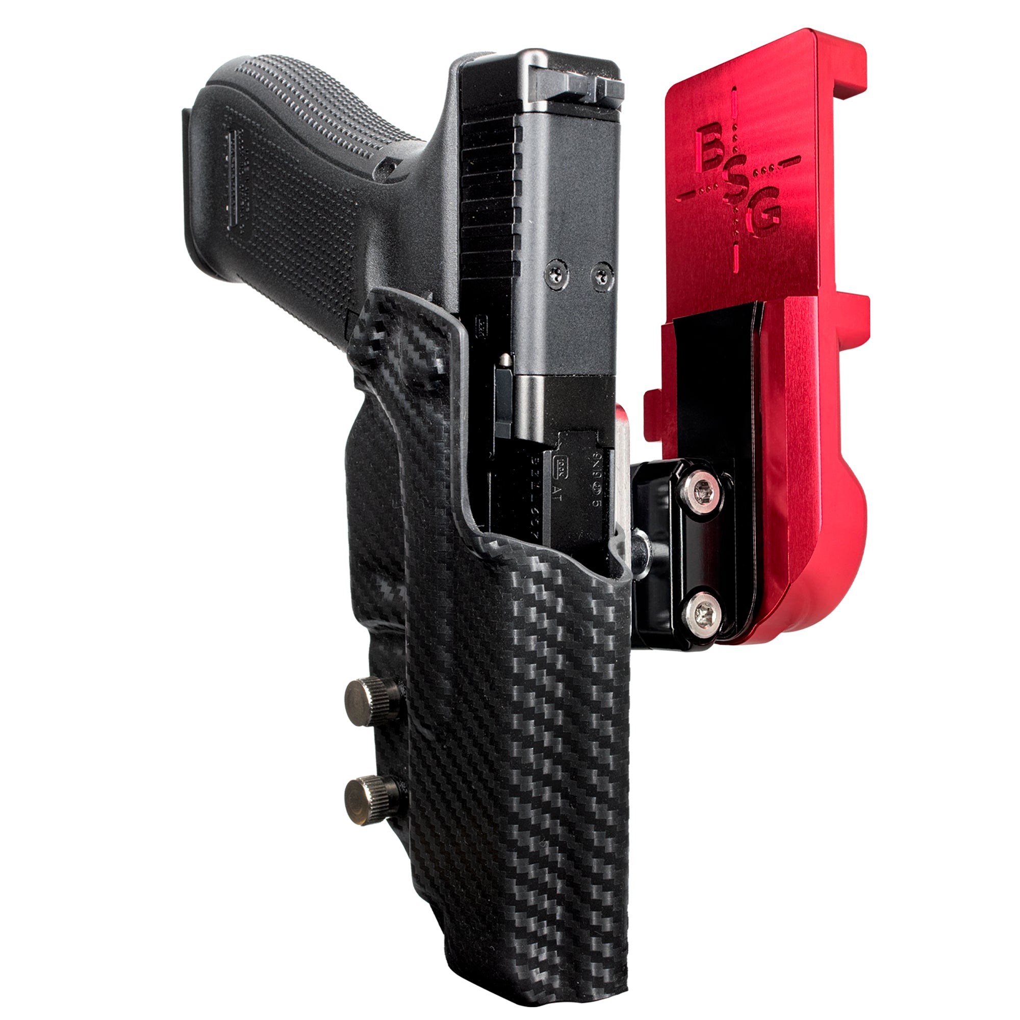 Glock 47 MOS IPSC/USPA Quick Mount Ball Joint Holster with Red Belt Attachment, Carbon Fiber Holster Shell