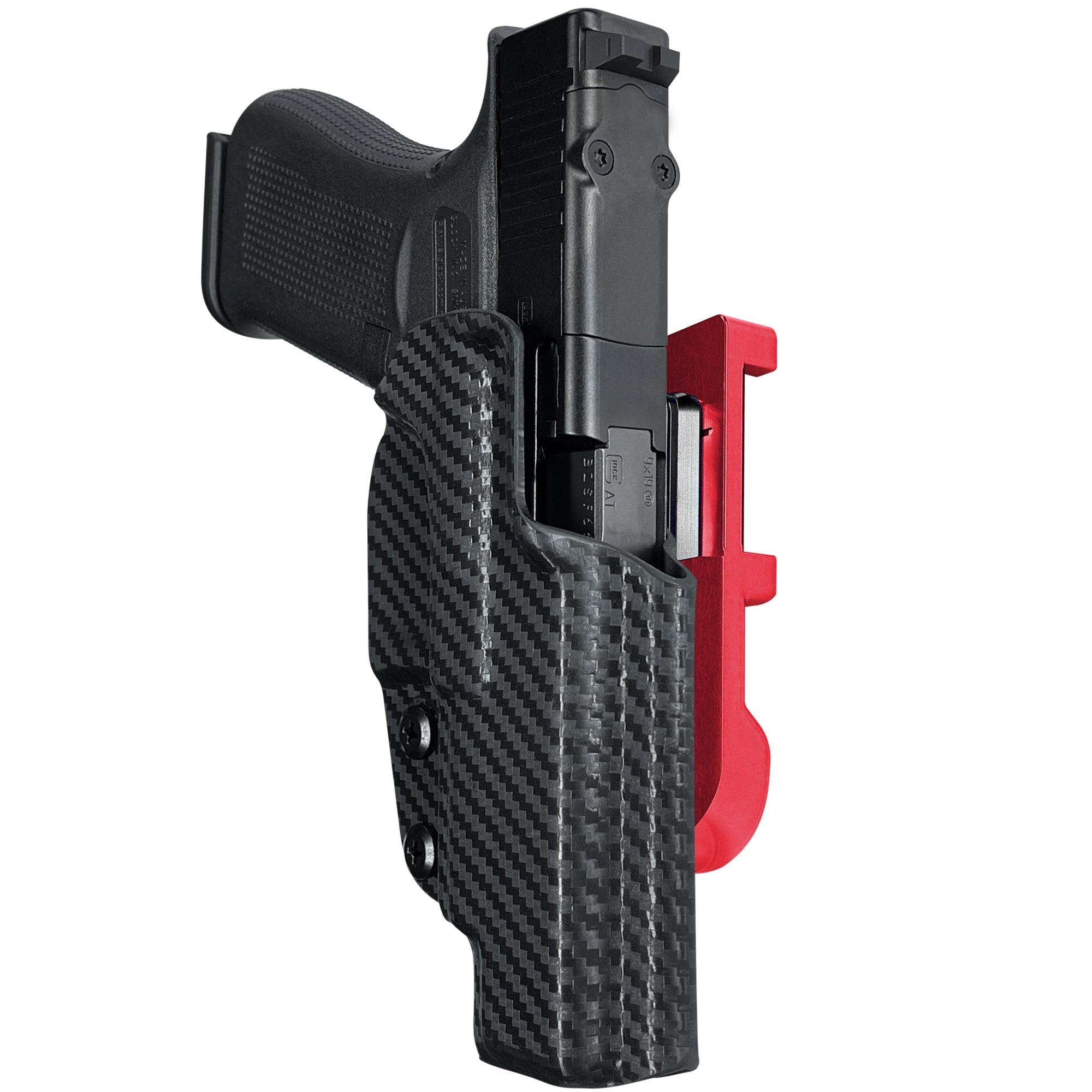 Glock 48 MOS IDPA Quick Mount Holster with Red Belt Attachment, Carbon Fiber Holster Shell