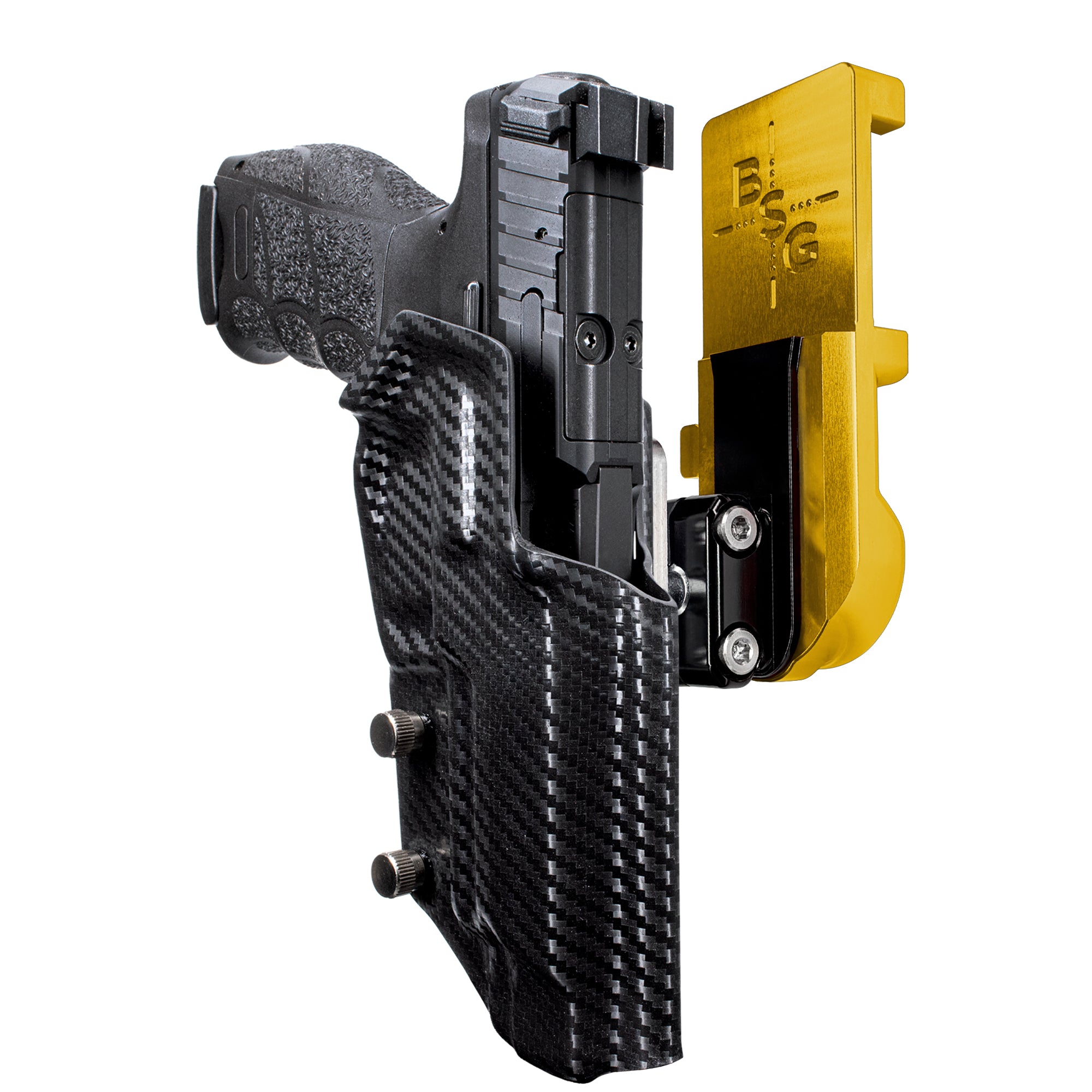 Heckler & Koch VP9L IPSC/USPA Quick Mount Ball Joint Holster with 24K Gold Belt Attachment, Carbon Fiber Holster Shell
