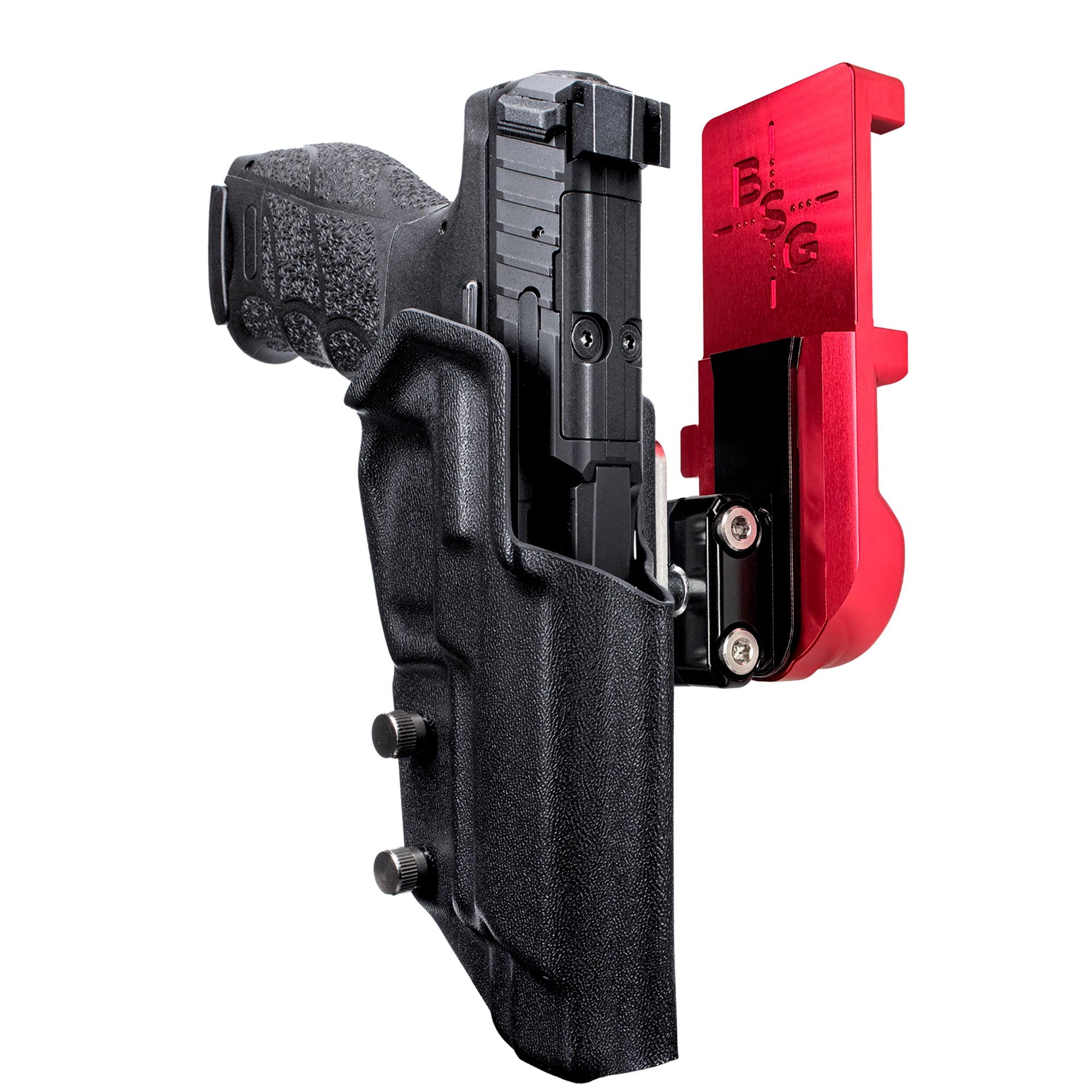 Heckler & Koch VP9L IPSC/USPA Quick Mount Ball Joint Holster with Red Belt Attachment, Black Holster Shell