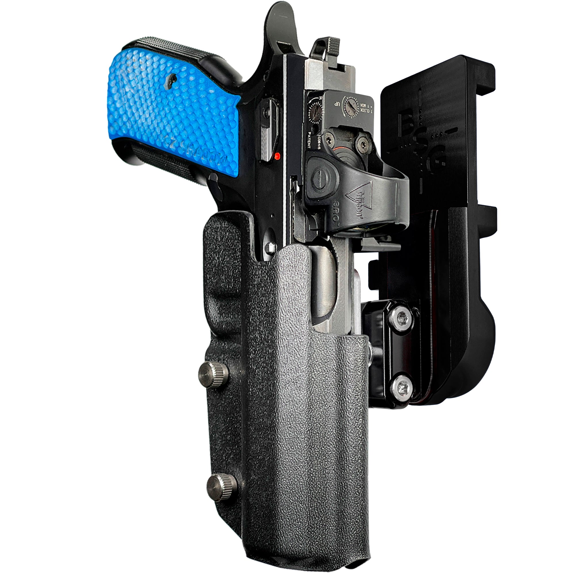 Shadow 2 TEvo Thumb Rest IPSC/USPA Quick Mount Ball Joint Holster with Black Belt Attachment, Black Holster Shell