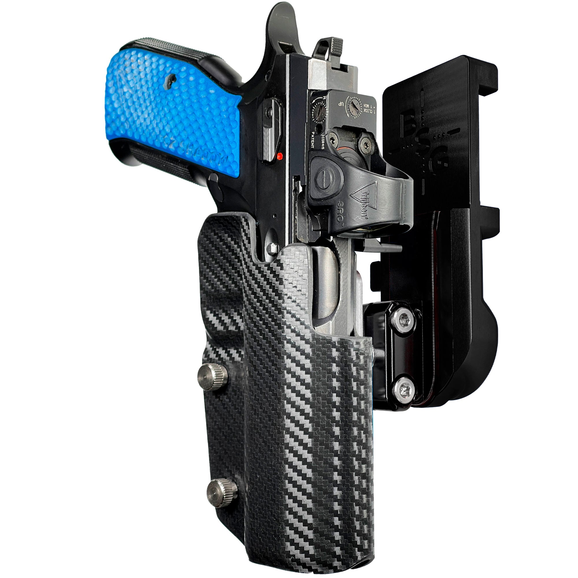 Shadow 2 TEvo Thumb Rest IPSC/USPA Quick Mount Ball Joint Holster with Black Belt Attachment, Carbon Fiber Holster Shell