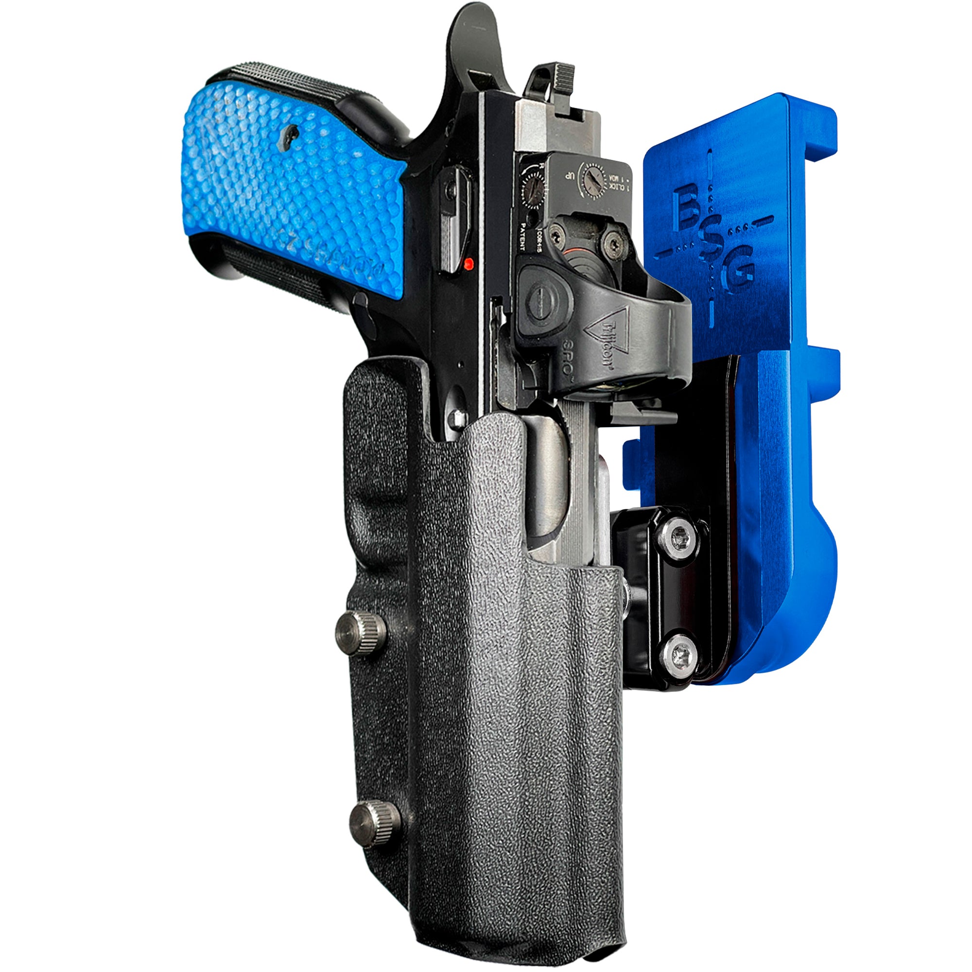 Shadow 2 TEvo Thumb Rest IPSC/USPA Quick Mount Ball Joint Holster with Blue Belt Attachment, Black Holster Shell