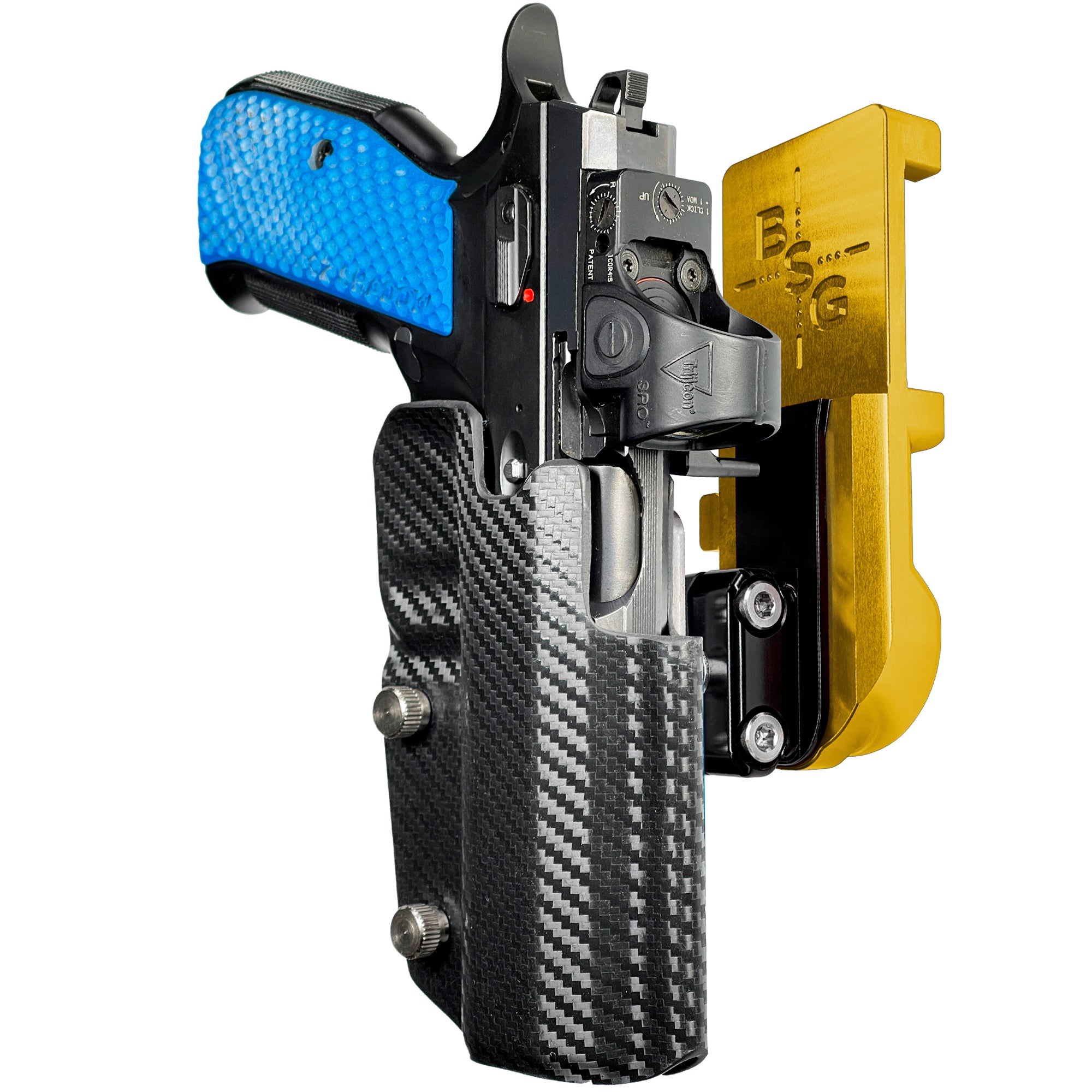 Shadow 2 TEvo Thumb Rest IPSC/USPA Quick Mount Ball Joint Holster with 24K Gold Belt Attachment, Carbon Fiber Holster Shell