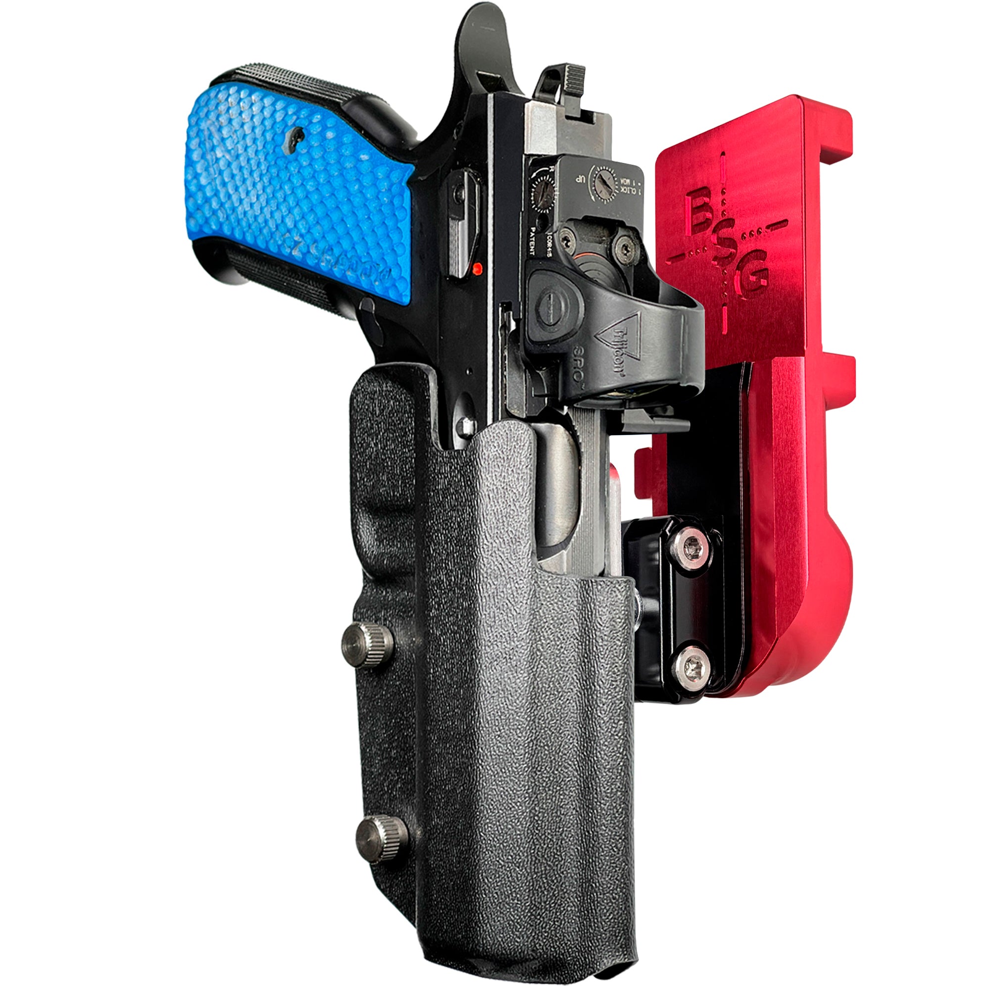 Shadow 2 TEvo Thumb Rest IPSC/USPA Quick Mount Ball Joint Holster with Red Belt Attachment, Black Holster Shell