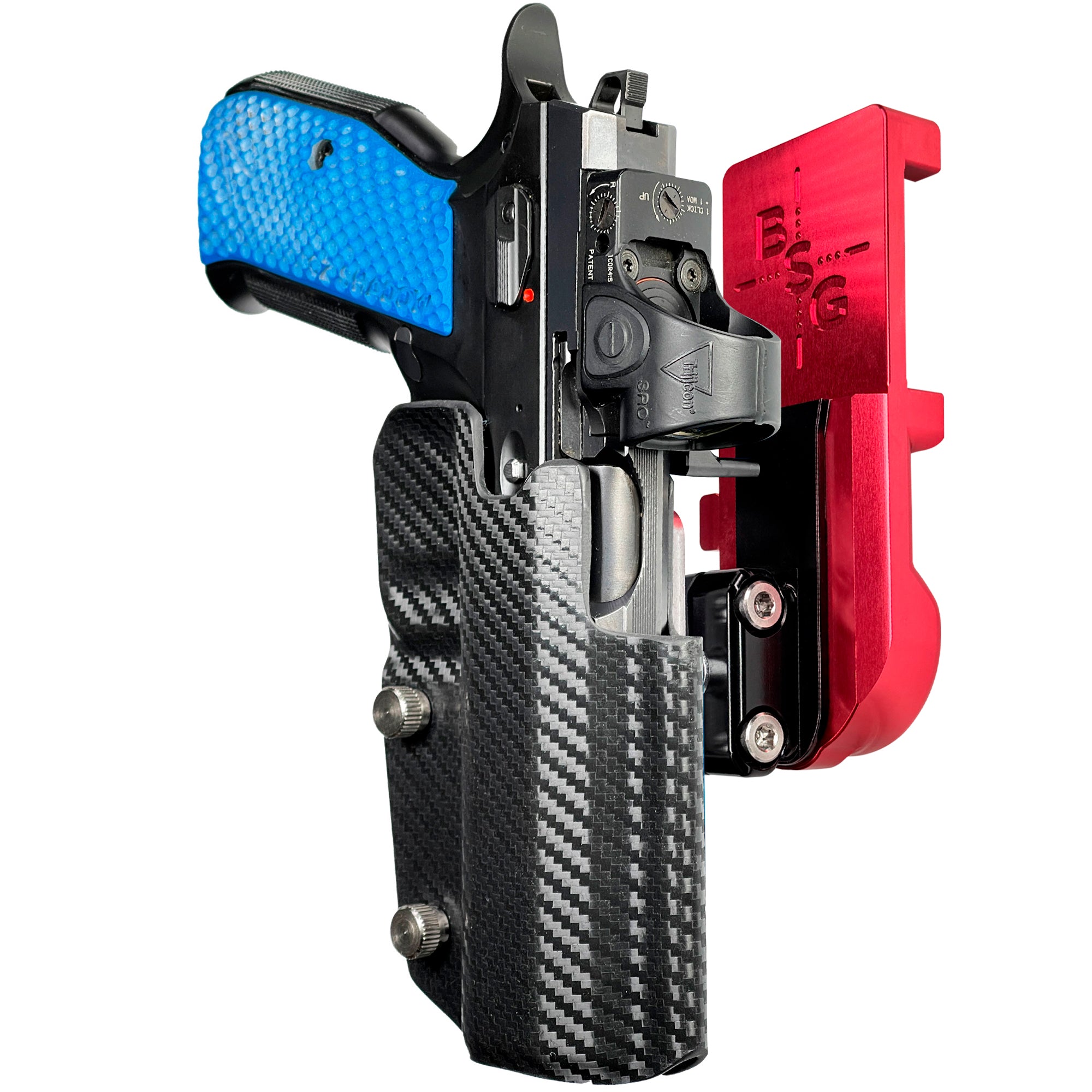 Shadow 2 TEvo Thumb Rest IPSC/USPA Quick Mount Ball Joint Holster with Red Belt Attachment, Carbon Fiber Holster Shell