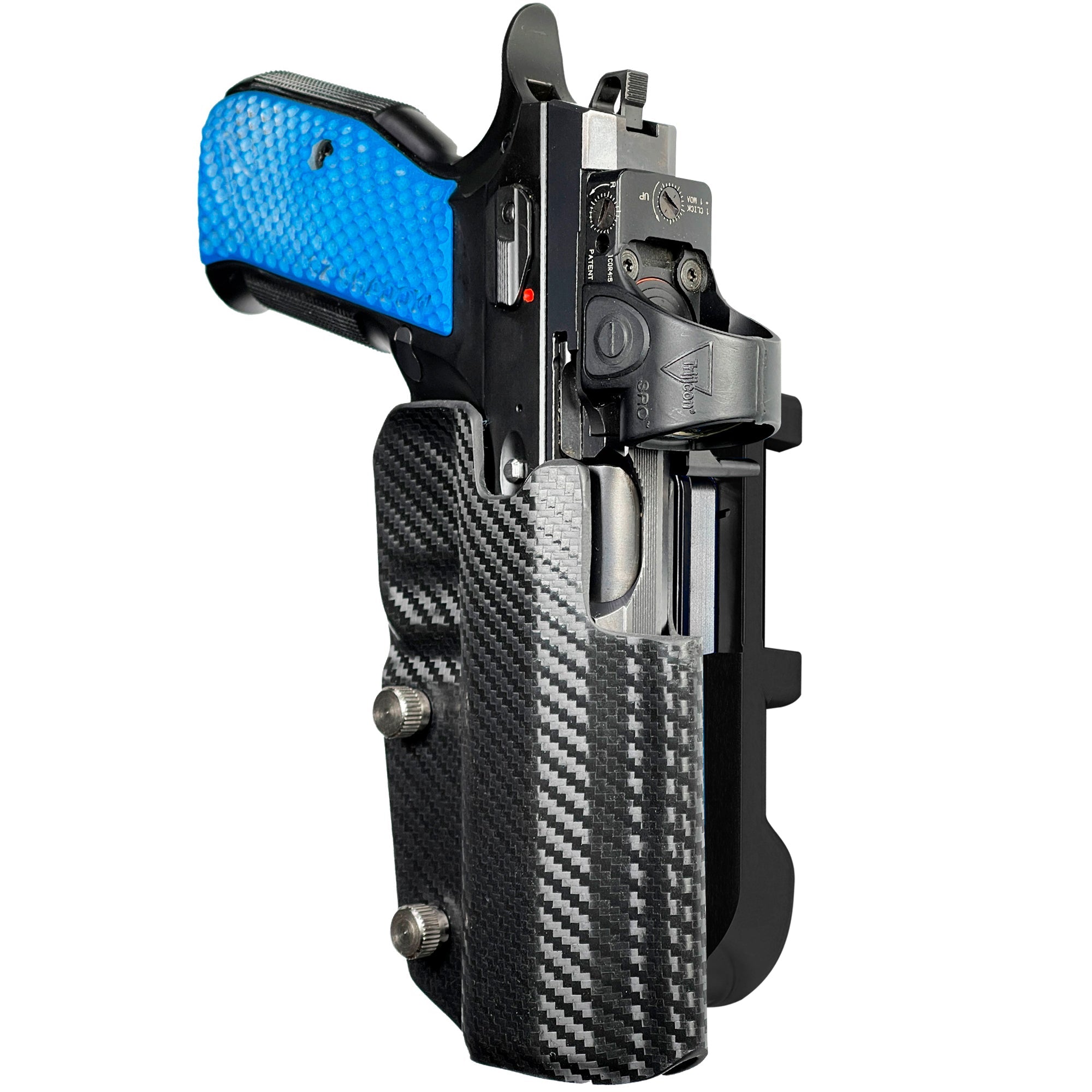 Shadow 2 TEvo Thumb Rest IDPA Quick Mount Holster with Black Belt Attachment, Carbon Fiber Holster Shell